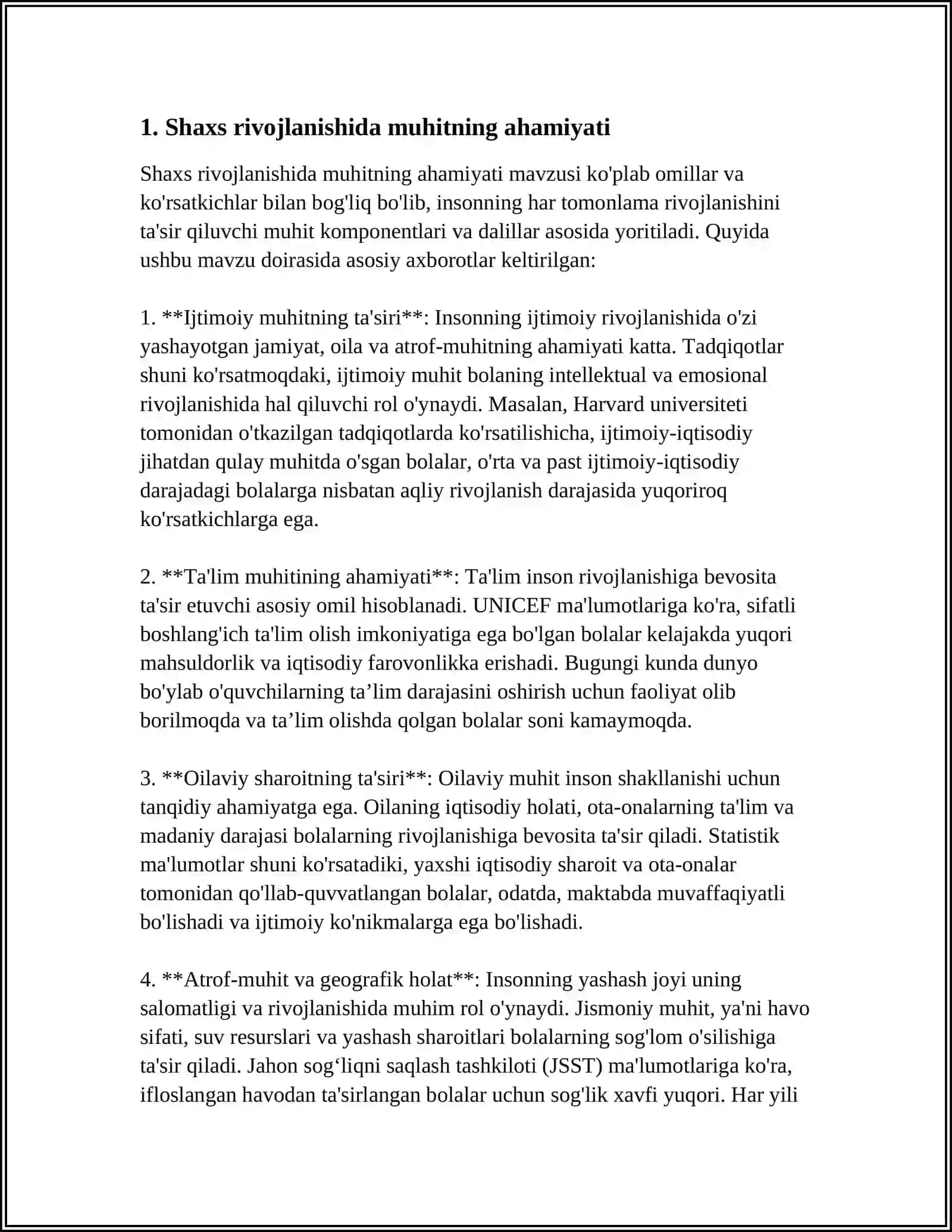 REFERAT: SHAXS RIVOJLANISHINING MUHIT VA TARBIYANING TUTGAN O'RNI 4