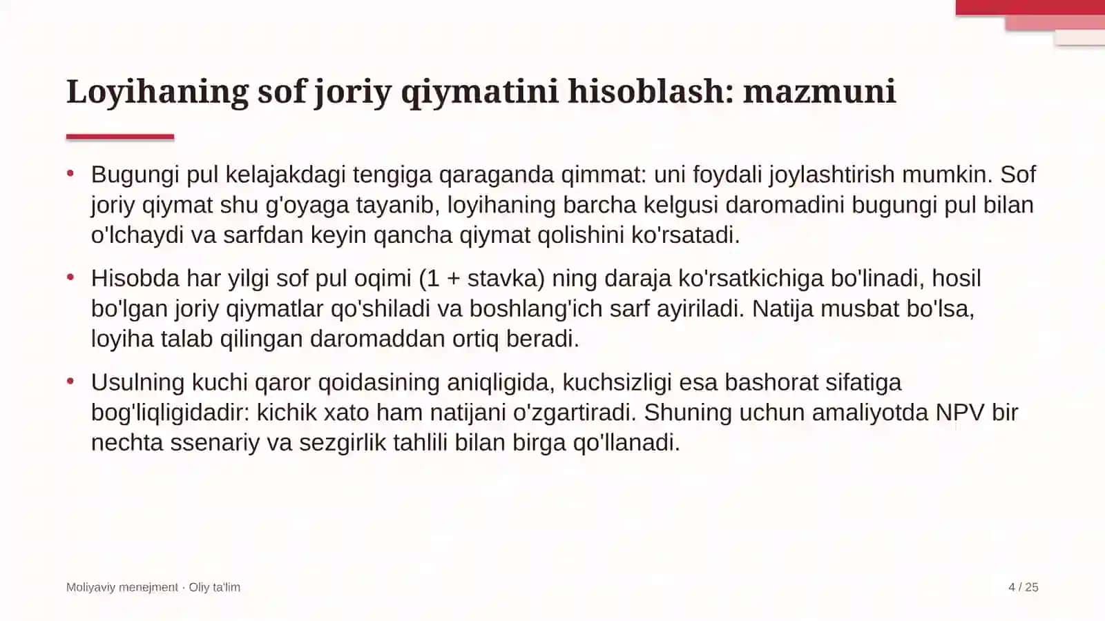 Moliyaviy Menejment · Oliy Ta'limginvestitsiya loyihalari 4