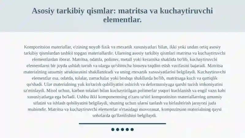 Kompozitsion materiallar tushunchasi va ularning asosiy tarkibiy qismlari nimalardan iborat 4