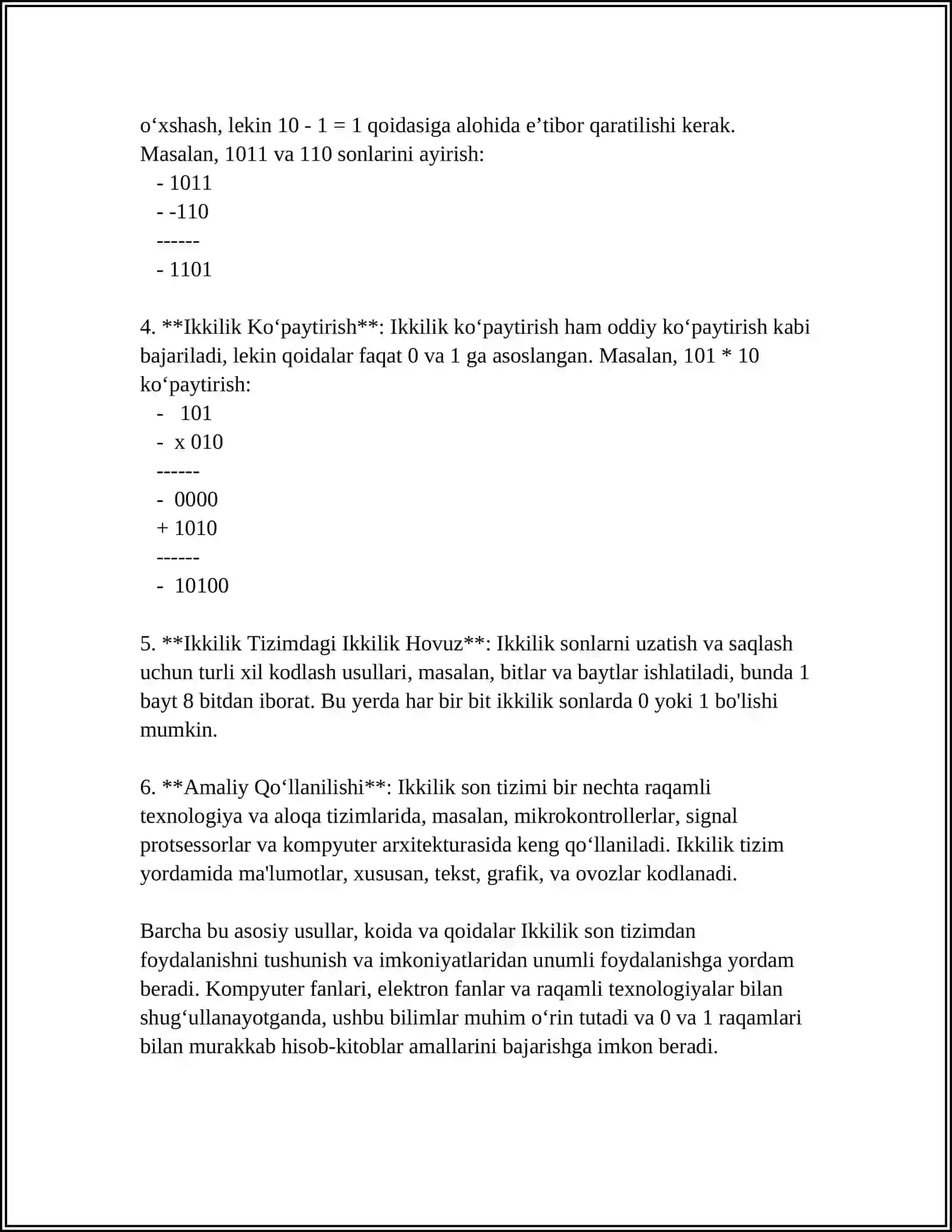 Qo‘shish va Ayirishning Ikkilik Sanoq Sistemi Asosida Amalga Oshirilishi 4