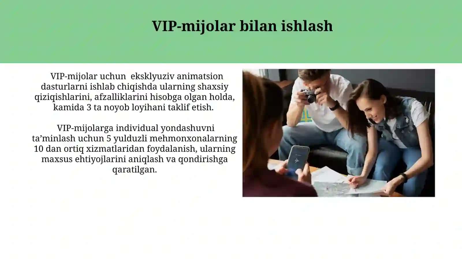 Turizm animatorining turli guruhdagi turistlar va vip sip mijozlar bilan ishlash hususiyatlari 4