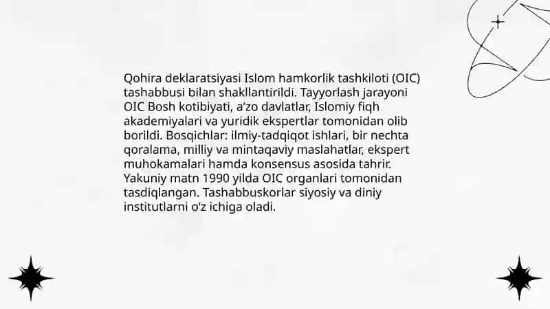 Qohira deklaratsiyasi tarixi va mazmuni borasida tahliliy maqola tayyorlash 4