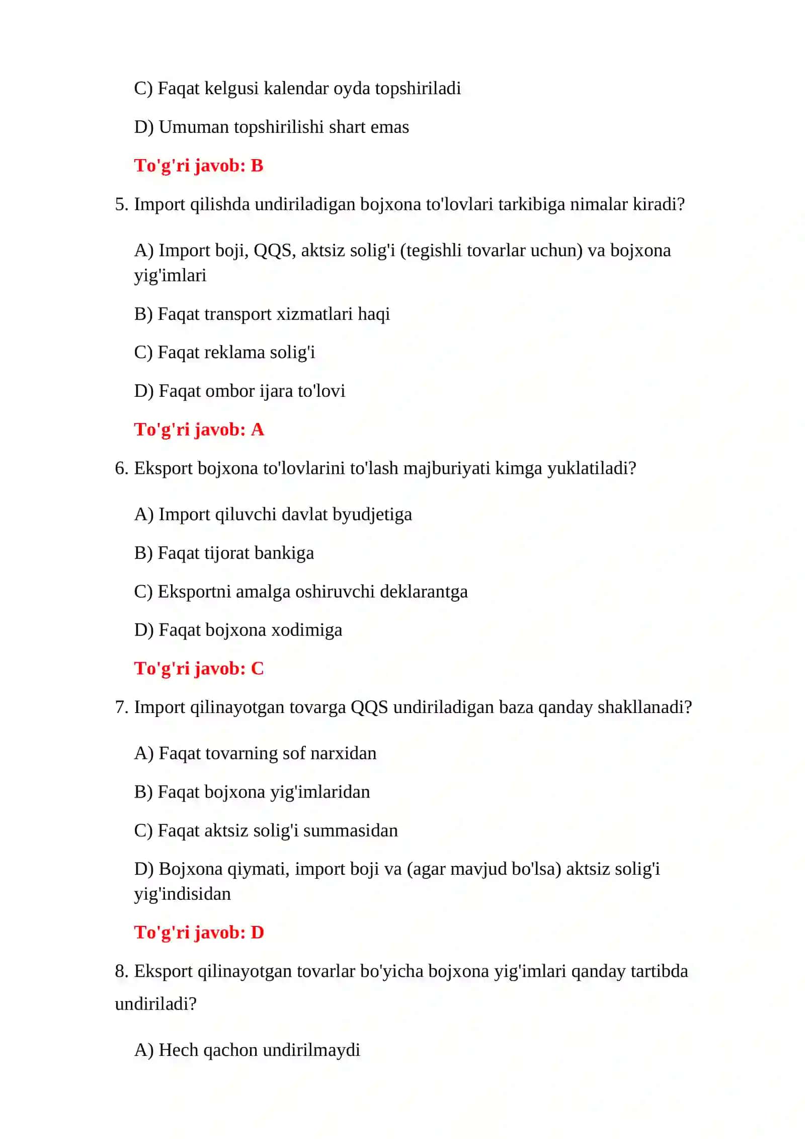 IMPORT BOJXONA TESTLARI 4