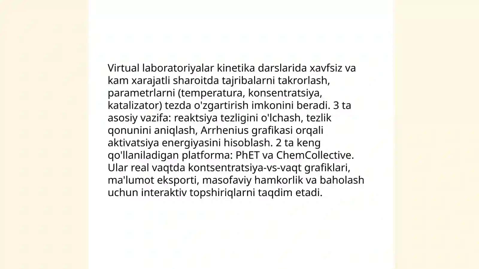 Kimyoviy reaksiya tezligi mavzusini o'qitishda axborot texnologiyalaridan foydalanish 4