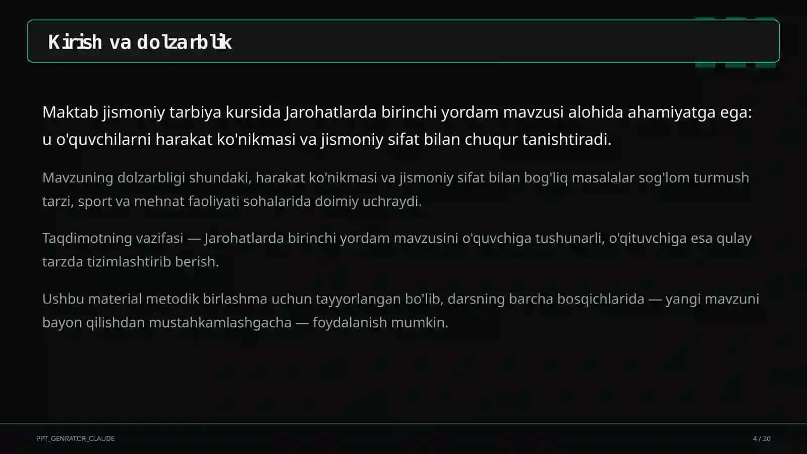 Jarohatlarda birinchi yordam (9-sinf) 4