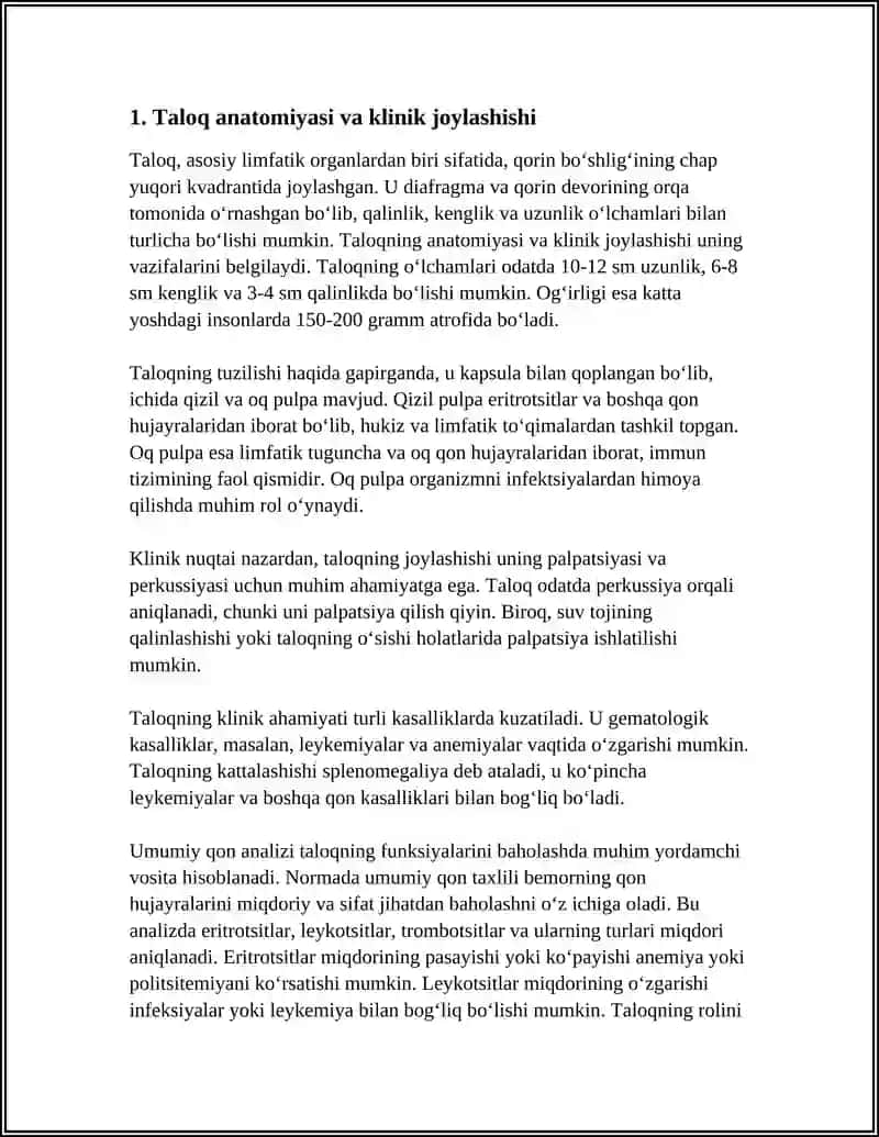 TALOQ PALPATSIYASI VA PERKUSSIYASI. UMUMIY QON ANALIZINI KLINIK AXAMIYATI. NORMADA UMUMIY QON TAXLILI. ANEMIYALAR SIMPTOMATOLOGIYASI. LEYKOZLAR SIMPTOMATOLOGIYASI 4