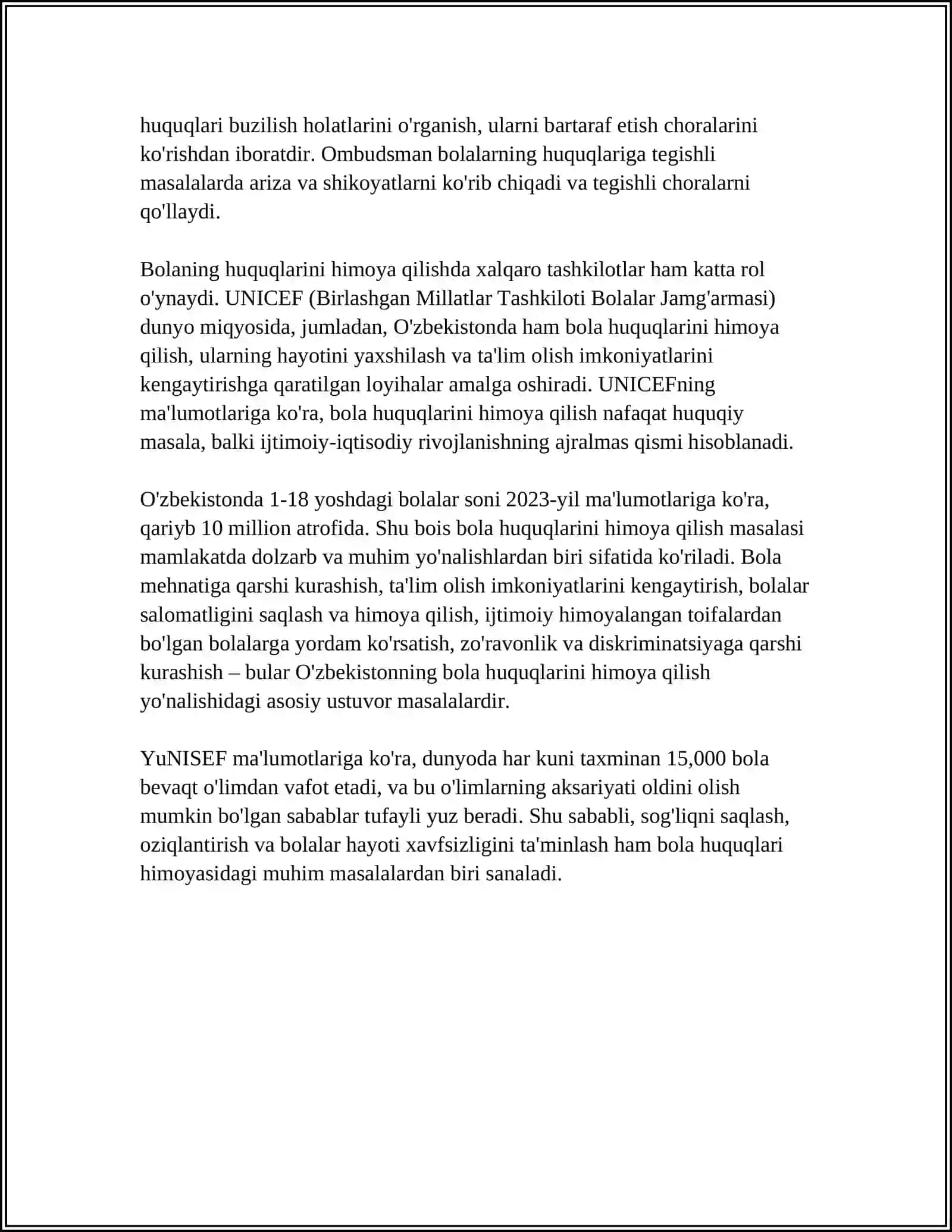BMTNING "BOLA HUQUQLARI TOʻGʻRISIDAGI KONVENSIYASI" REFERAT 4