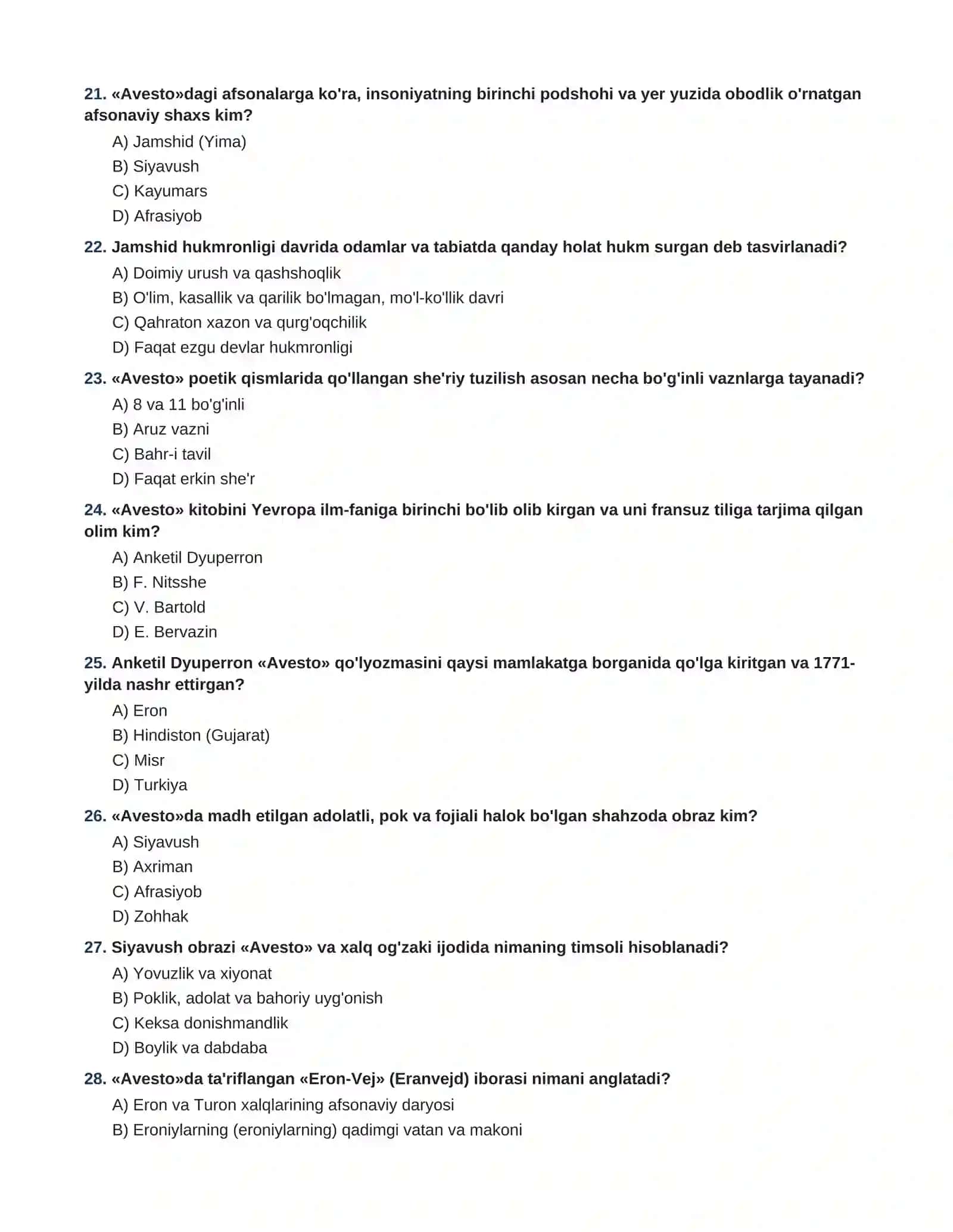 Avesto mavzusida 60 talik test savollari va javoblari(adabiyot darslilari asosida) 4