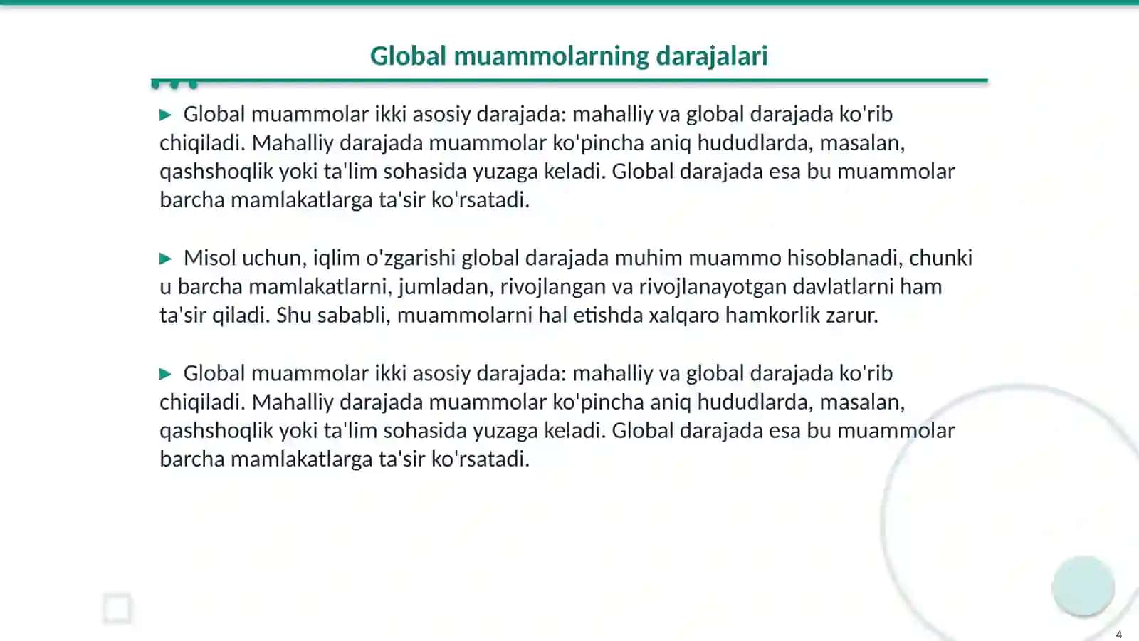 Global muammolarning mezonlari va darajalari. Falsafa fani xulosasi bilan 4