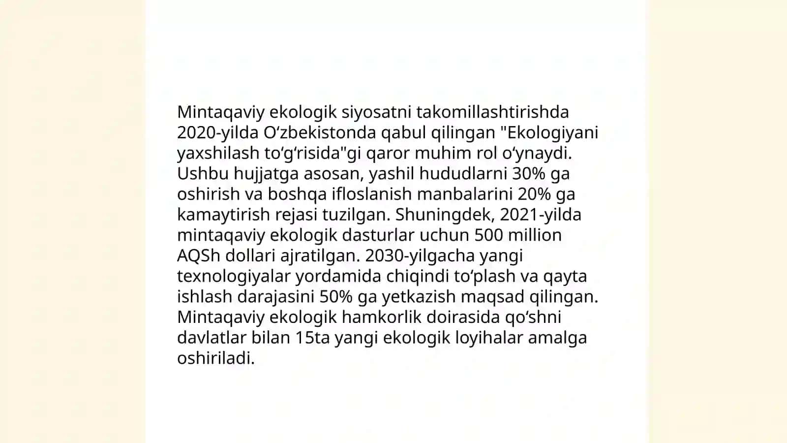 Tabiatni muhofaza qilish fa'oliyatini takomillashtirish va tabbiy muhitning trasnchegaraviy ifloslanishning oldini olish boʻyicha mintaqaviy va xalqaro hamkorlikni rivojlantirish 4