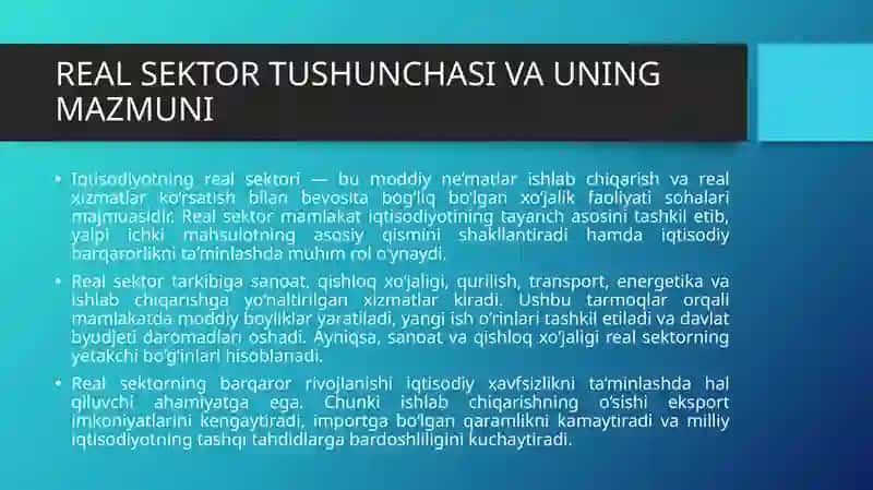 IQTISODIYOTNING REAL SEKTORINI RIVOJLANTIRISHNING IQTISODIY XAVFSIZLIKNI TA’MINLASHDAGI AHAMIYATI 4