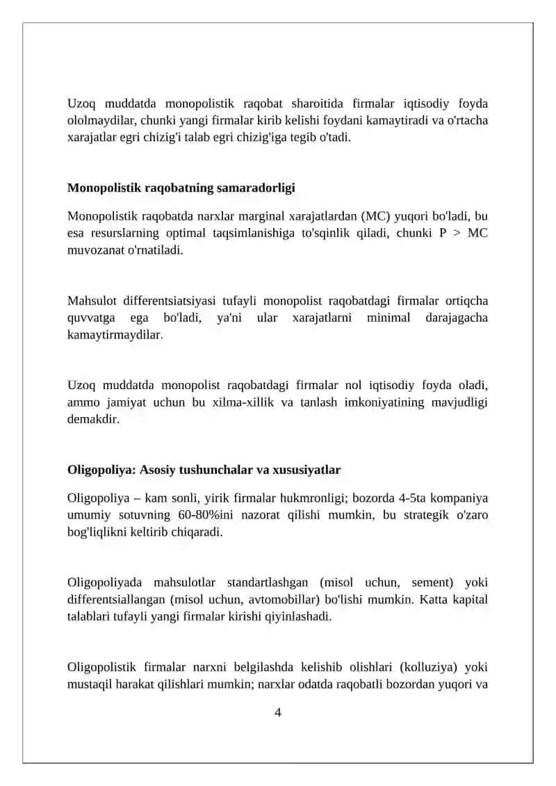 Monopolistik raqobat va oligopoliya sharoitida ishlab chiqarish hajmi va narxning shakllanishi 4