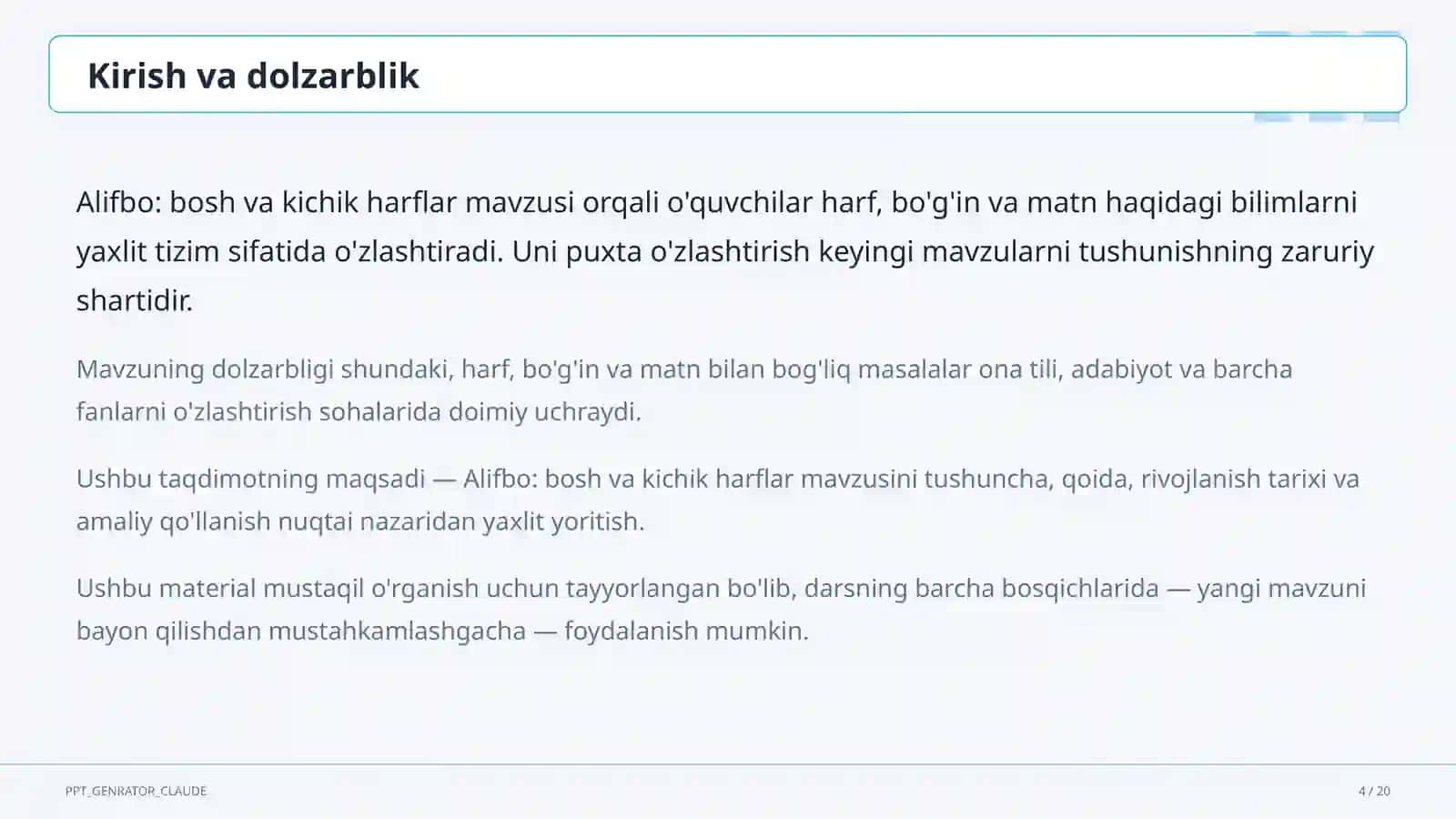 Boshlang'ich sinf: Ona tili va o'qish (1–4) 4
