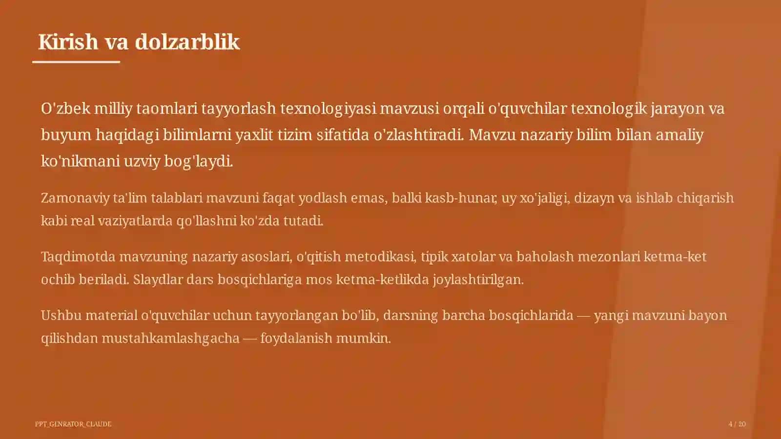 O'zbek milliy taomlari tayyorlash texnologiyasi (6-sinf) 4