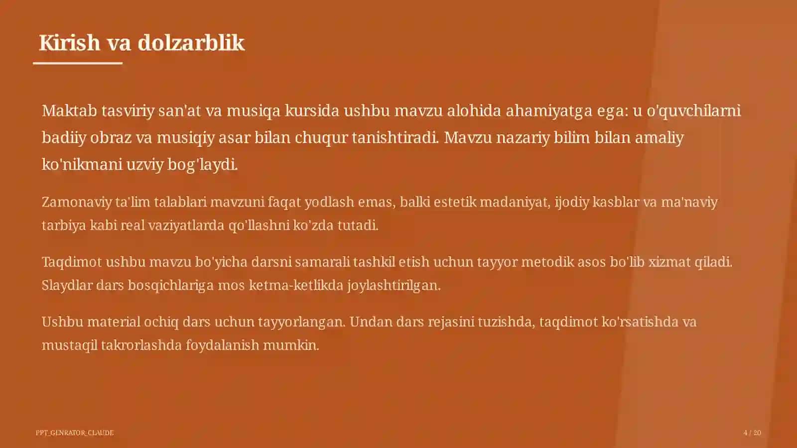 Tasviriy san'at va musiqa (1–7) — ochiq dars uchun 4