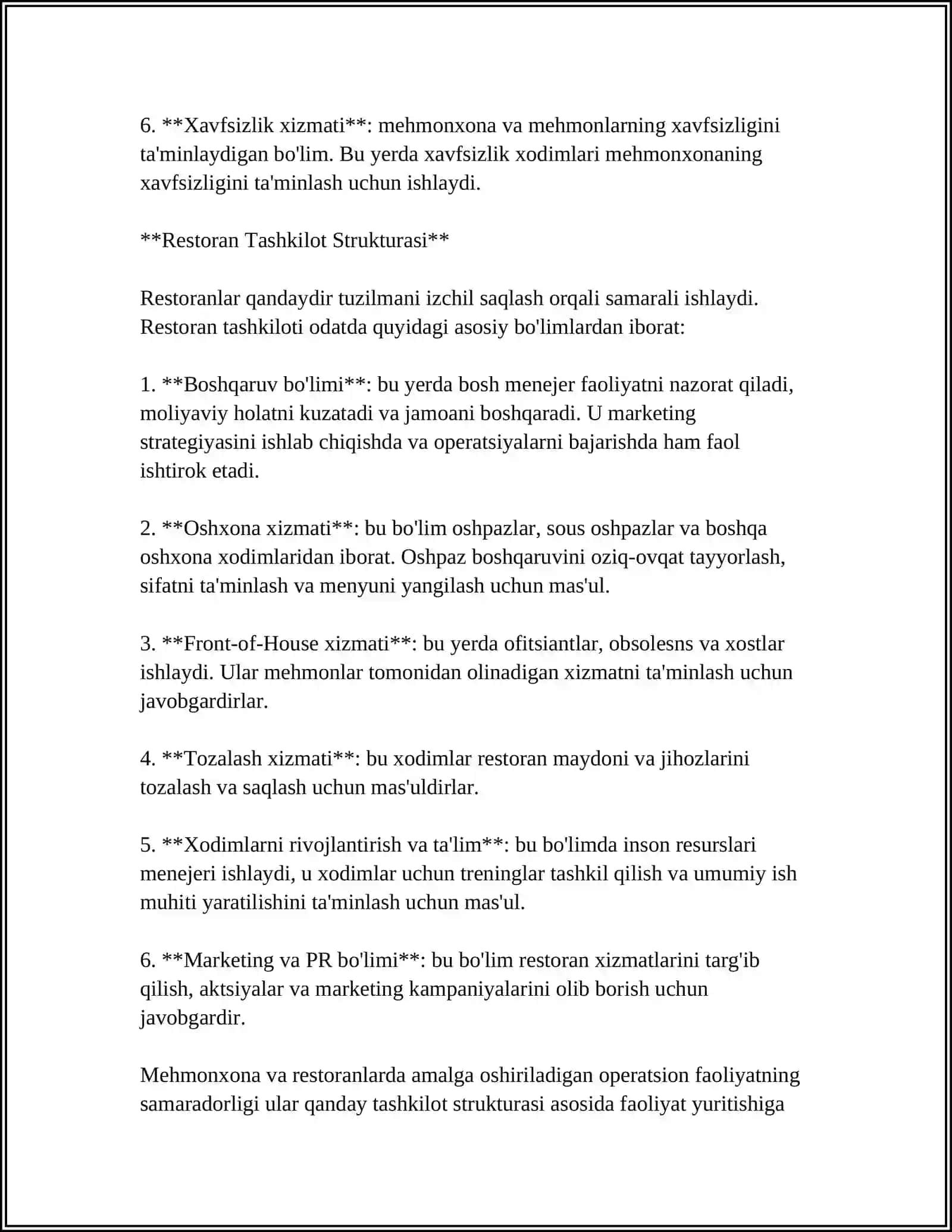 MEHMONXONA VA RESTORANLARNI TASHKILIY BOSHQARUV TUZILMASI 4