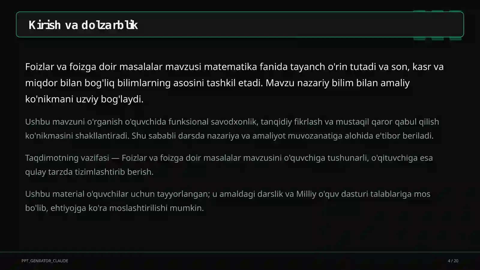 Foizlar va foizga doir masalalar (5-sinf) 4