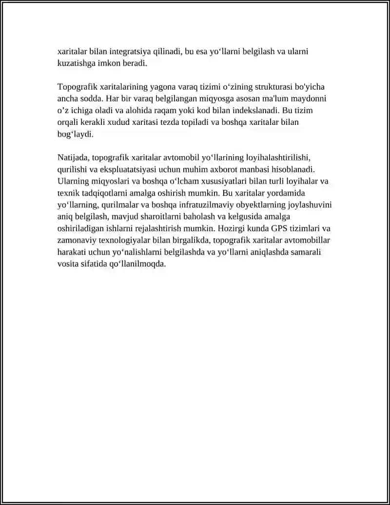 AVTOMABIL YO'LLARINI QIDIRUVIDA TOPOGRAFIK PLAN VA XARITALARNING VARAQLARGA BO'LINISHI VA NOMENKLATURASI 4