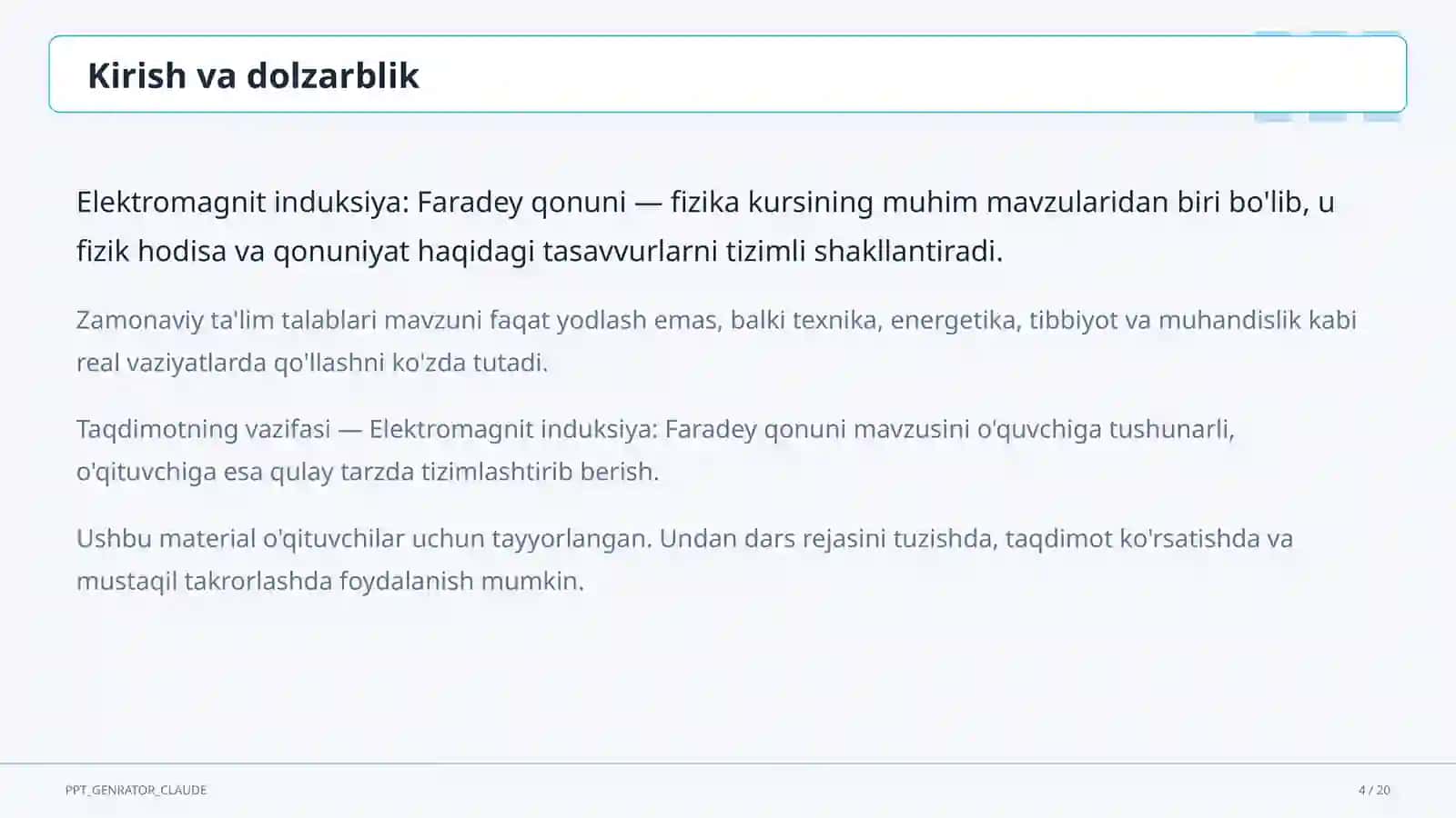 Elektromagnit induksiya: Faradey qonuni (11-sinf) 4