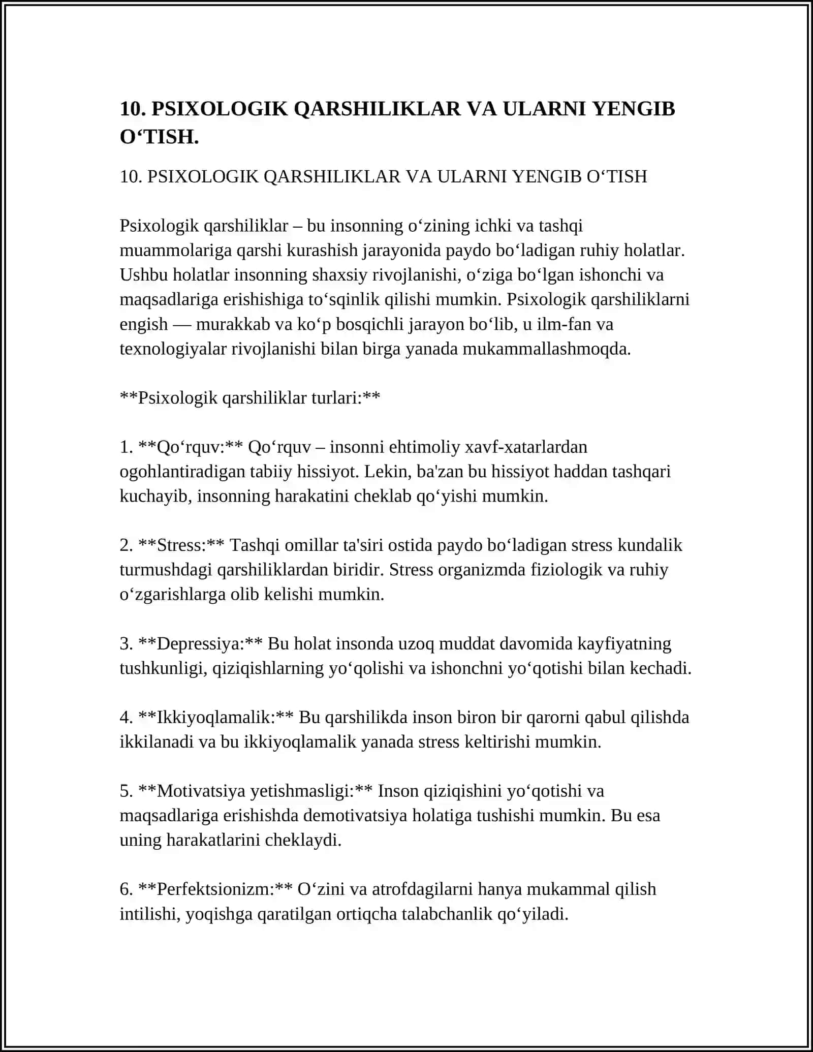 PSIXOLOGIK QARSHILIKLAR VA ULARNI YENGIB O‘TISH 4