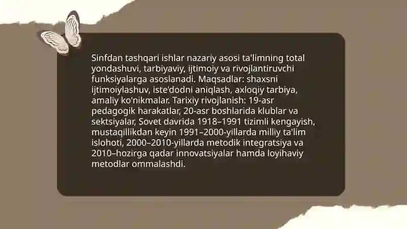 Sinfdan tashqari ishlarni tashkil qilish va oʻqitish metodikasi fani 4