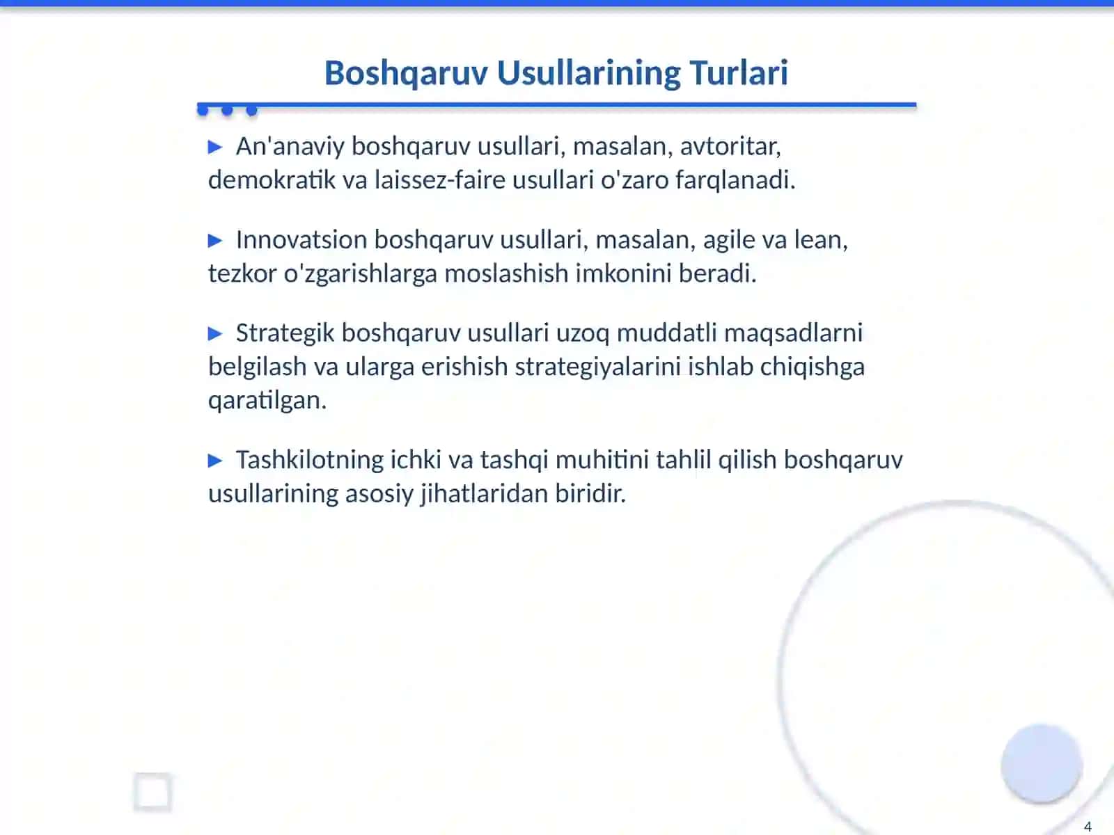 Boshqaruv Usullari: Nazariyalar va Amaliyotlar 4