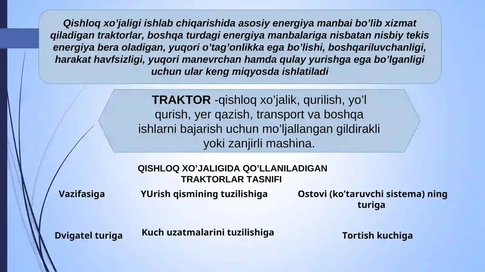 Traktor va Avtomobillarning Tasnifi va Asosiy Qismlari 4