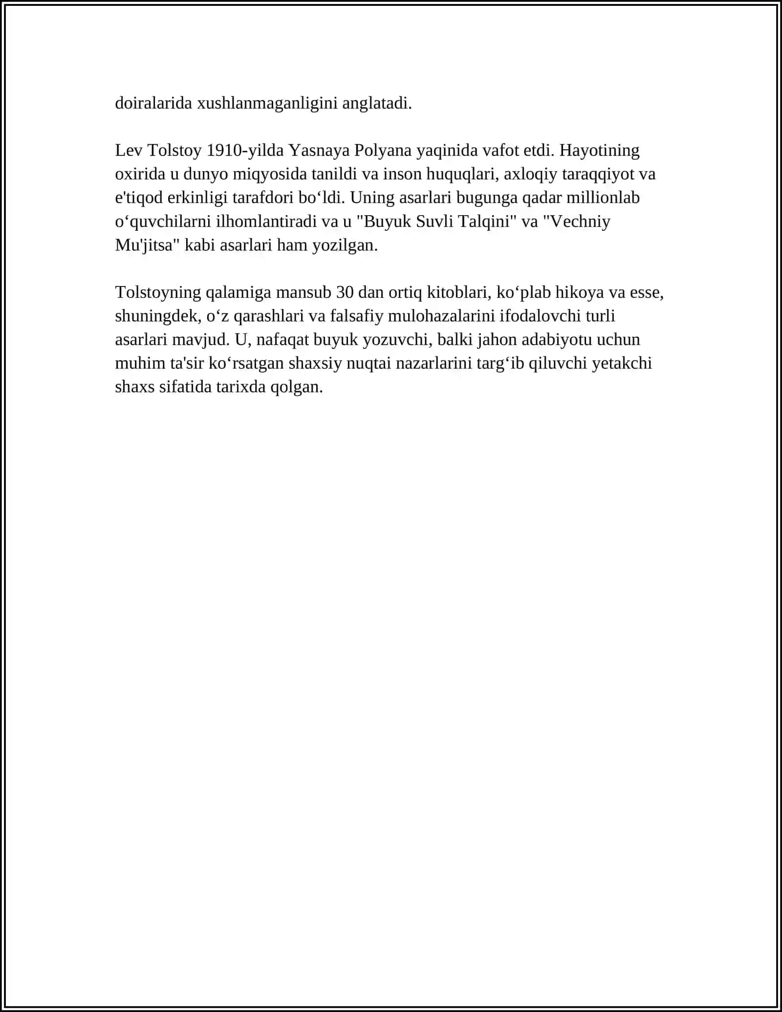 LEV TOLSTOY TIRILISH ASARIDAN 100 TA SAVOL JAVOB VA 100 TA TEST 4