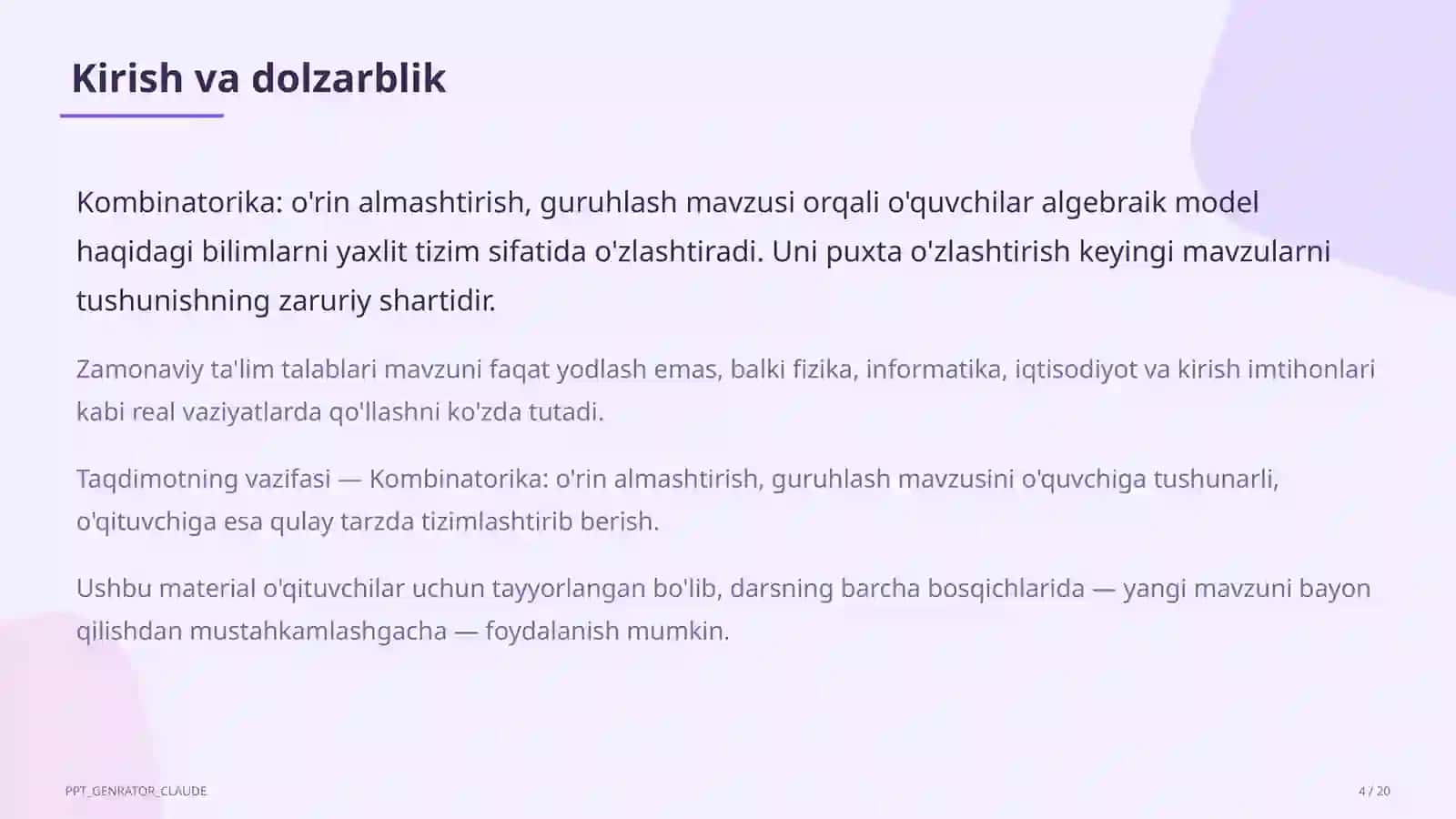 Kombinatorika: o'rin almashtirish, guruhlash (9-sinf) 4