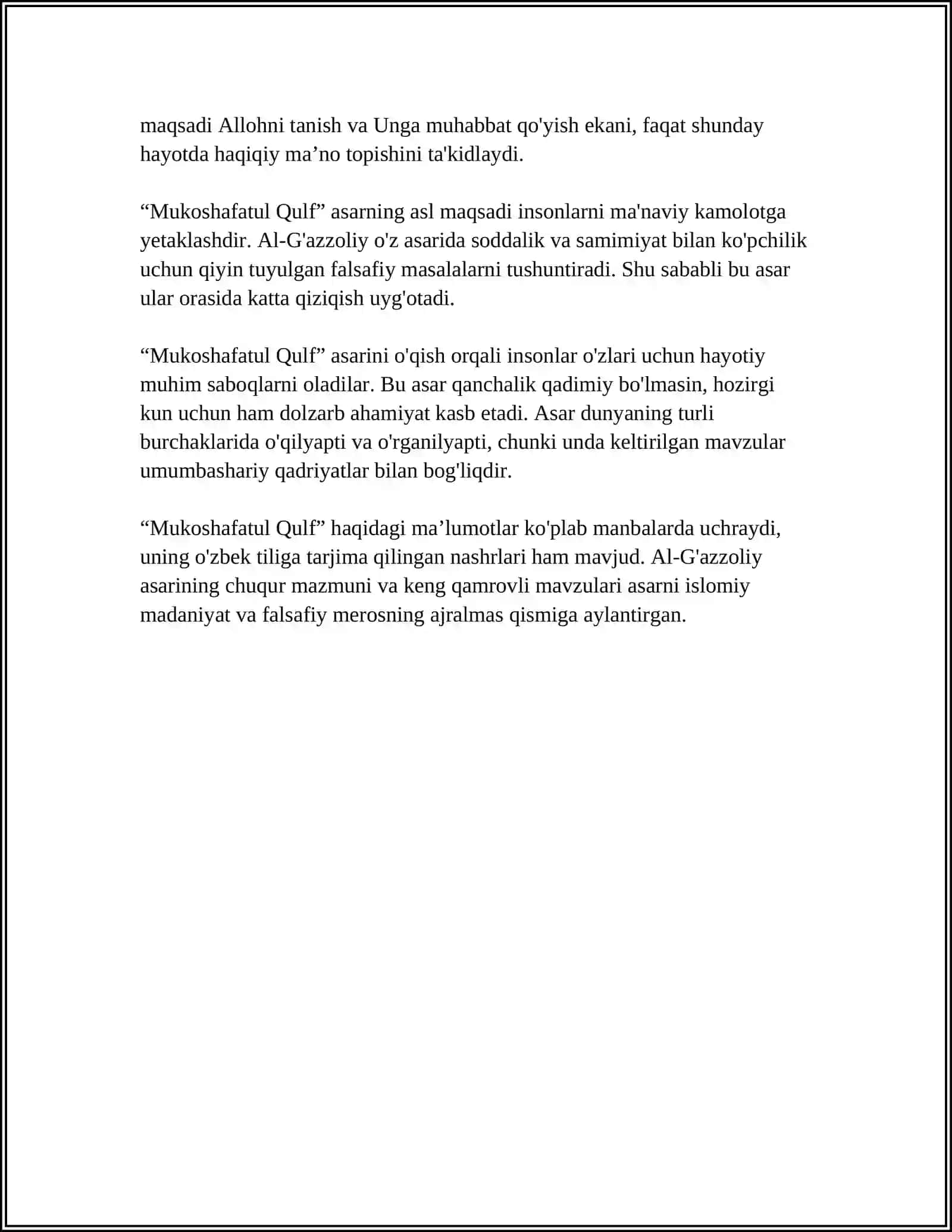 MUSTAQIL ISH Mavzu: ABU HAMID GAZOLONIYNING "MUKOSHAFATUL QULF" ASARI 4