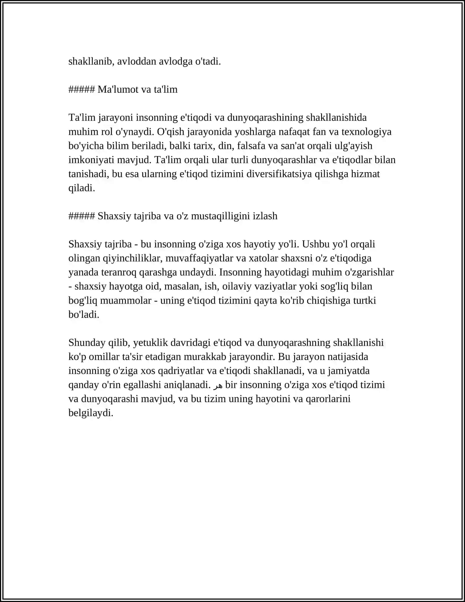 YETUKLIK DAVRIDA E’TIQOD VA DUNYO QARASH; YOSHLIK DAVRIDAGI HAYOT VA FAOLIYAT; ILK O‘SPIRINLIK DAVRIDAGI INQIROZLAR; ILK O‘SPIRINLIK VA KASB TANLASH 4