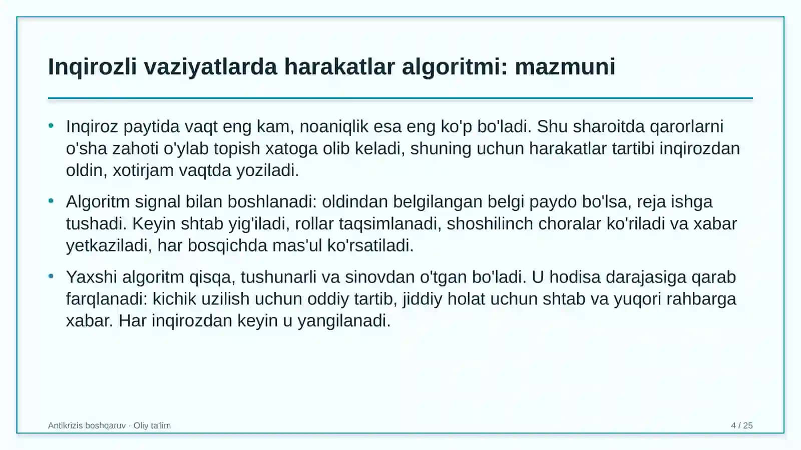 Inqirozli vaziyatlarda harakatlar algoritmi 4