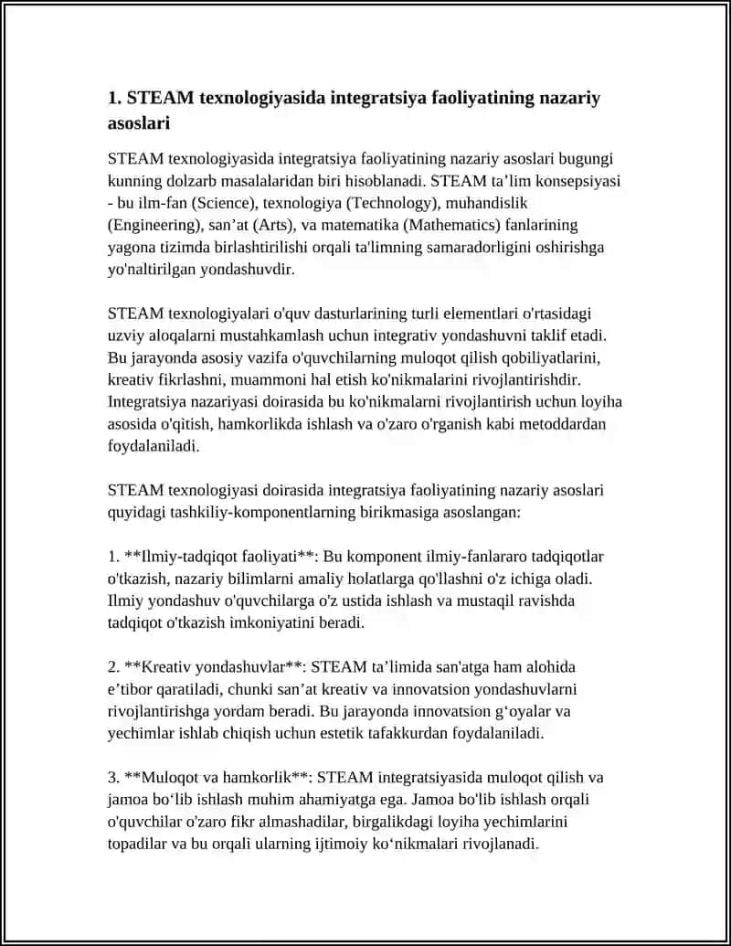 REFERAT - STEAM TEXNOLOGIYASIDA INTEGRARSIYA FAOLIYATNI TASHKIL ETADI 4