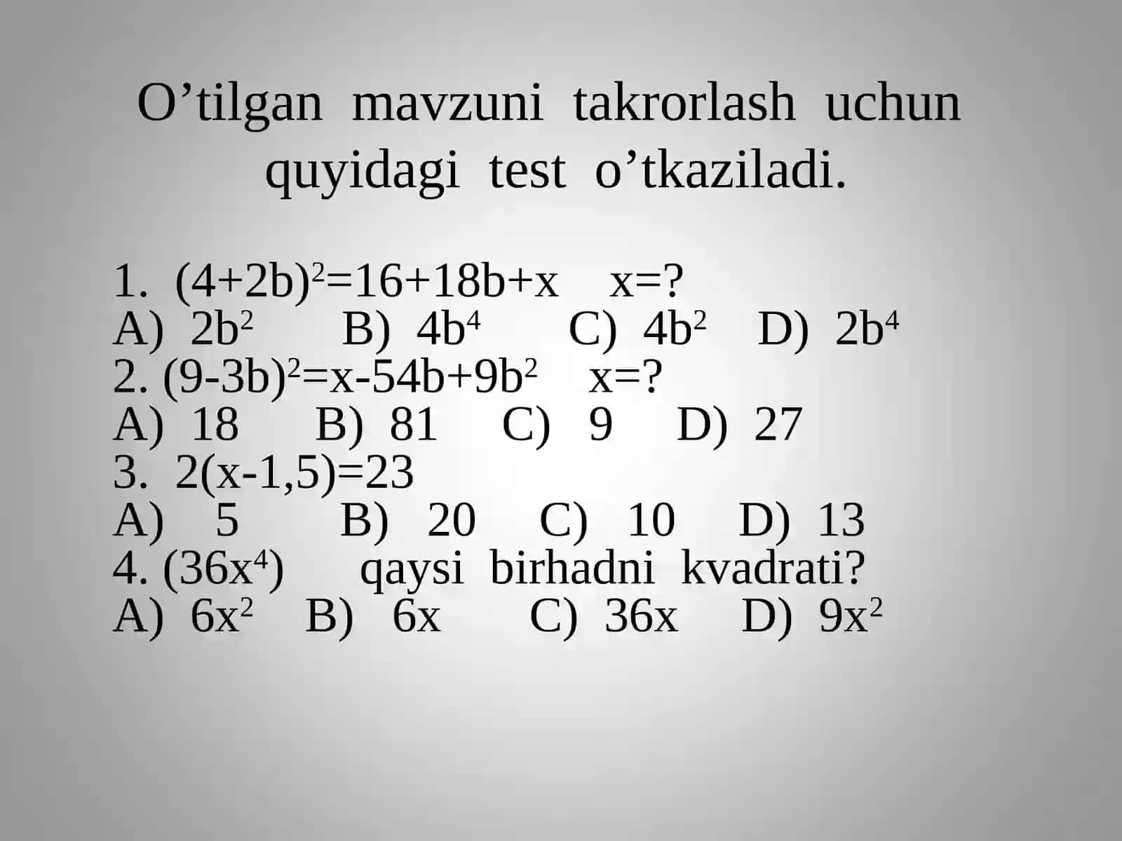 Yangi mavzu bayoniBir o'zgaruvchili tenglama va tengsizliklar 4