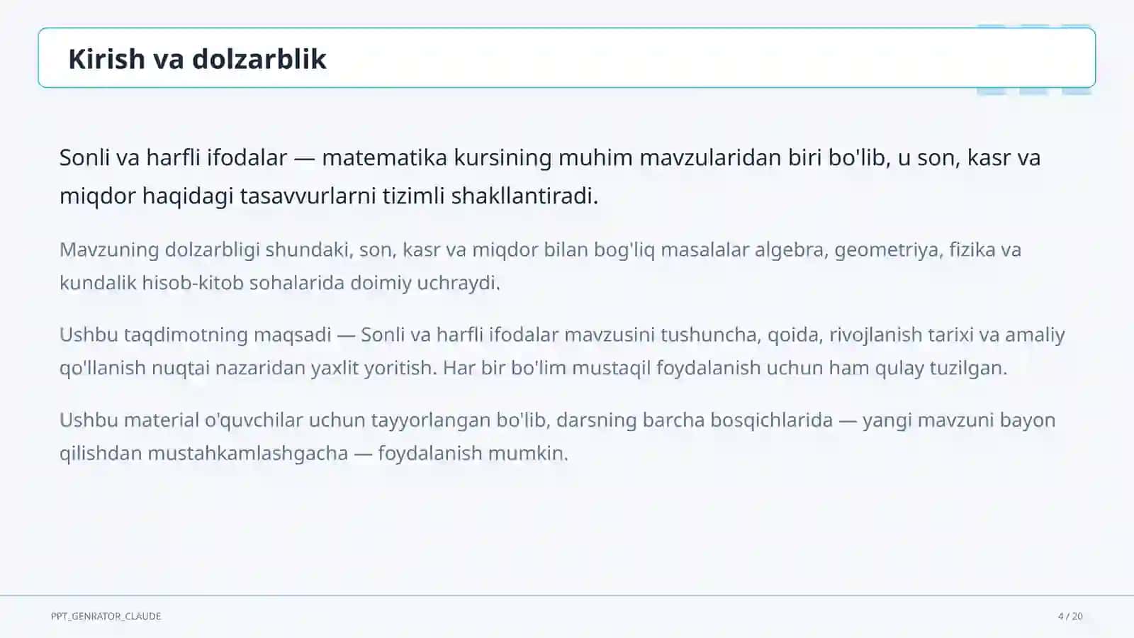 Sonli va harfli ifodalar (5-sinf) 4