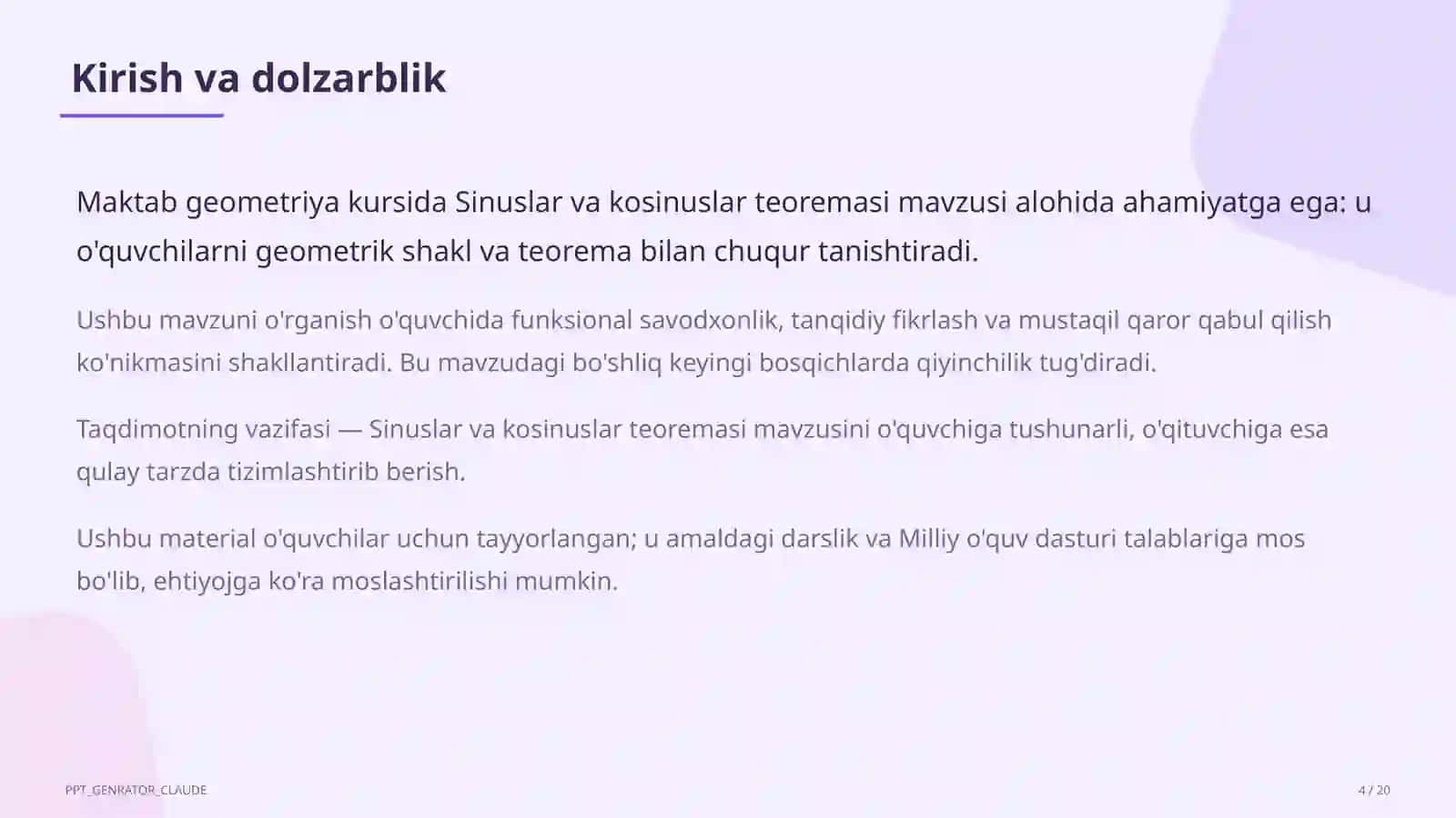 Sinuslar va kosinuslar teoremasi (9-sinf) 4