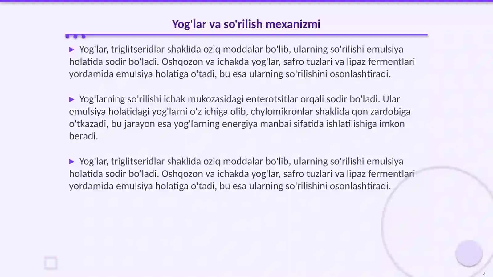 Oziq moddalar (oqsillar, yog'lar,uglevodlar,mineral tuzlar) ning qonga so'rilish mexanizmlari 4