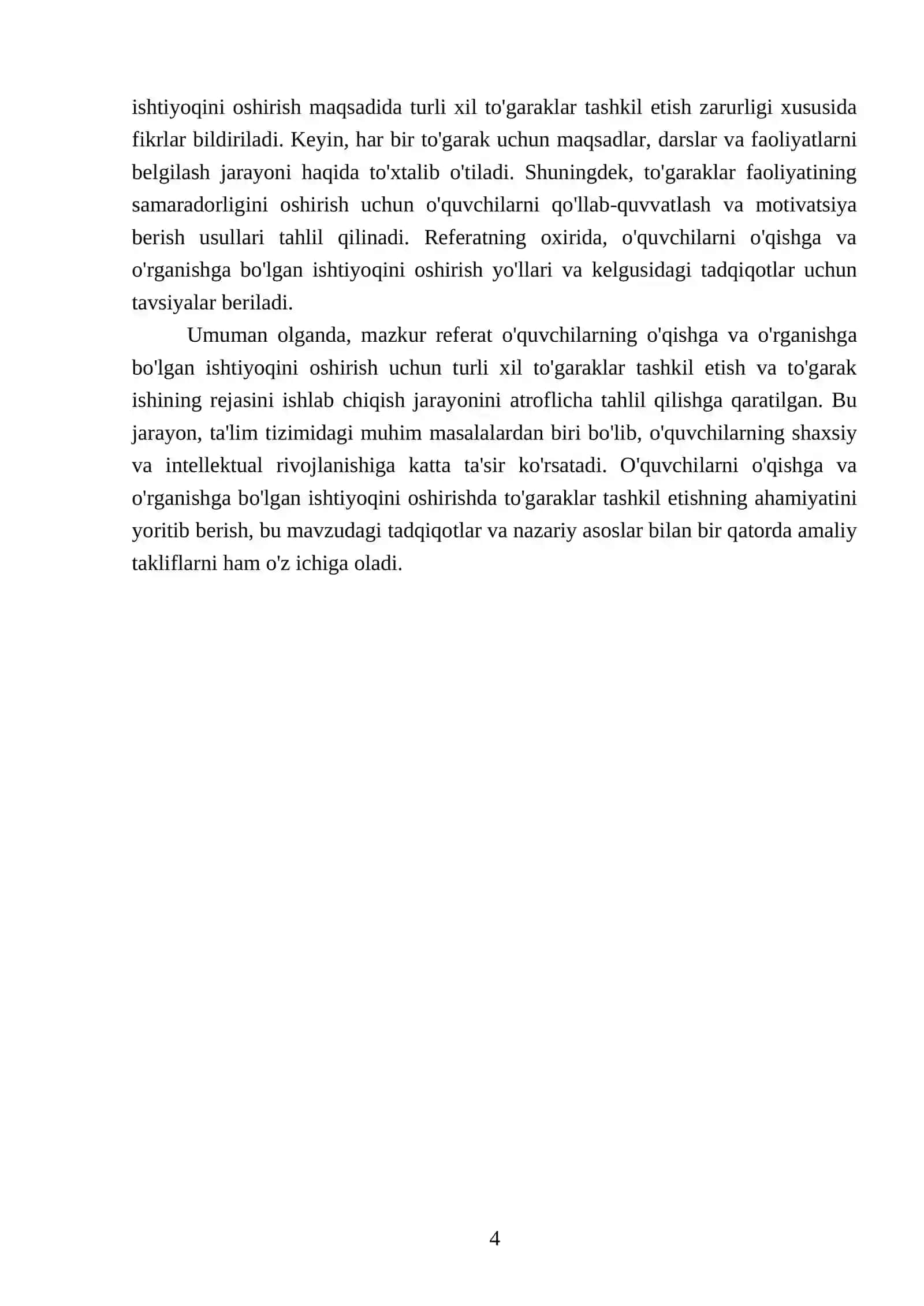 O'quvchilarni oʻqishga va oʻrganishga boʻlgan ishtiyoqini oshirish uchun turli xil toʻgaraklar tuzishni hamda toʻgarak ishining rejasini ishlab chiqish 4