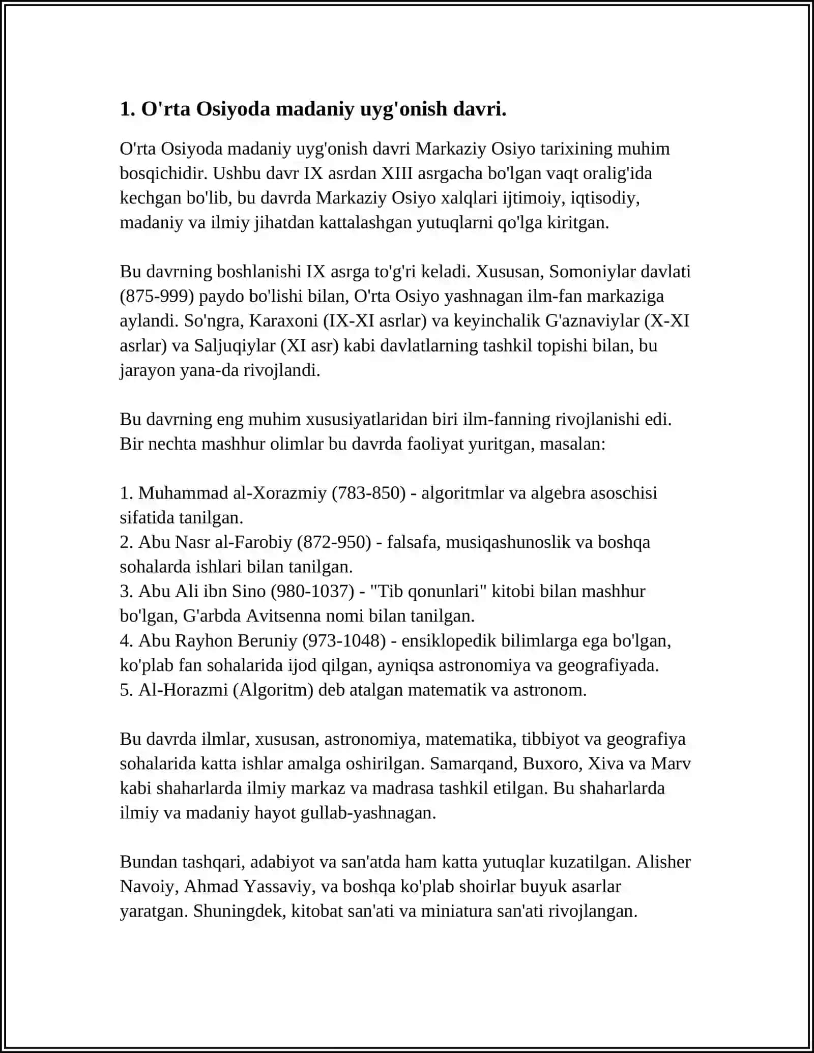 IX-XII ASRLARDA MAMLAKATIMIZ HUDUDIDA RO'Y BERGAN MADANIY UYGʻONISH. BUYUK ALLOMALARNING JAHON SIVILIZATSIYASIGA QO'SHGAN HISSASI 4