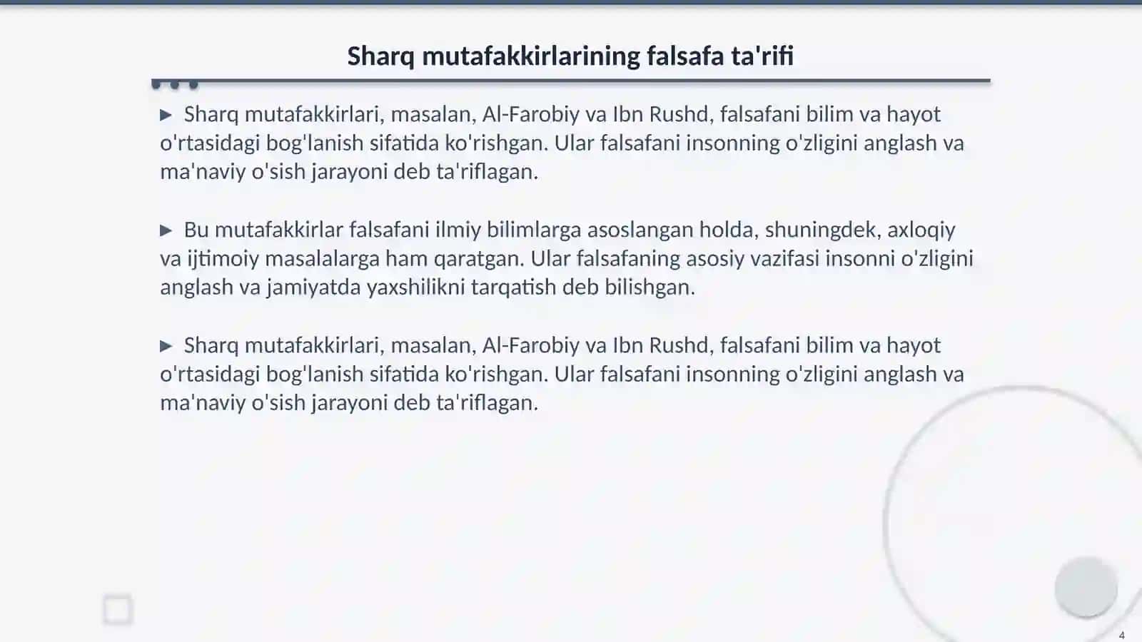 Falsafaning mohiyatiga oid Sharq va G'arb mutafakkirlari ta'riflarini tasniflash 4