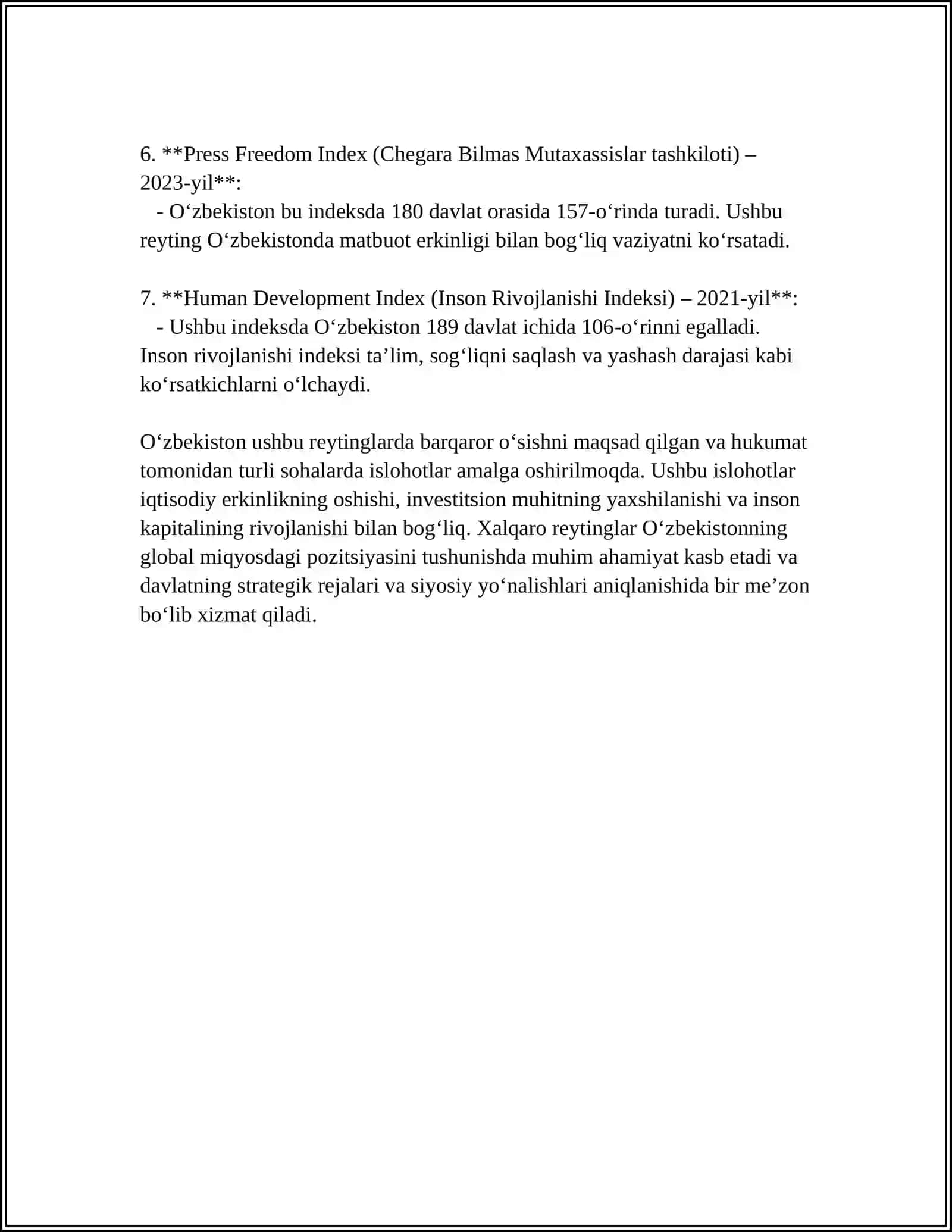 ÒZBEKISTON RESPUBLIKASINING XALQARO REYTING VA INDEKSLARDAGI ÒRNI VA NUFUZINI ORTIB BORISHI 4