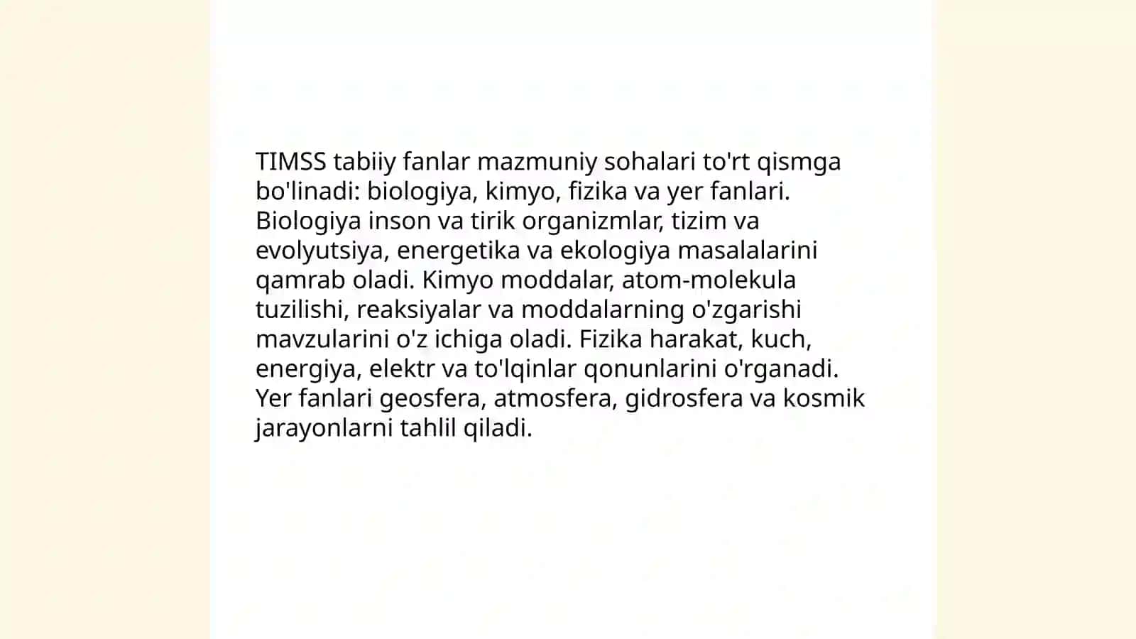 TIMSS tabiiy fanlar baholash qamrov doirasi mazmuni mohiyati 4