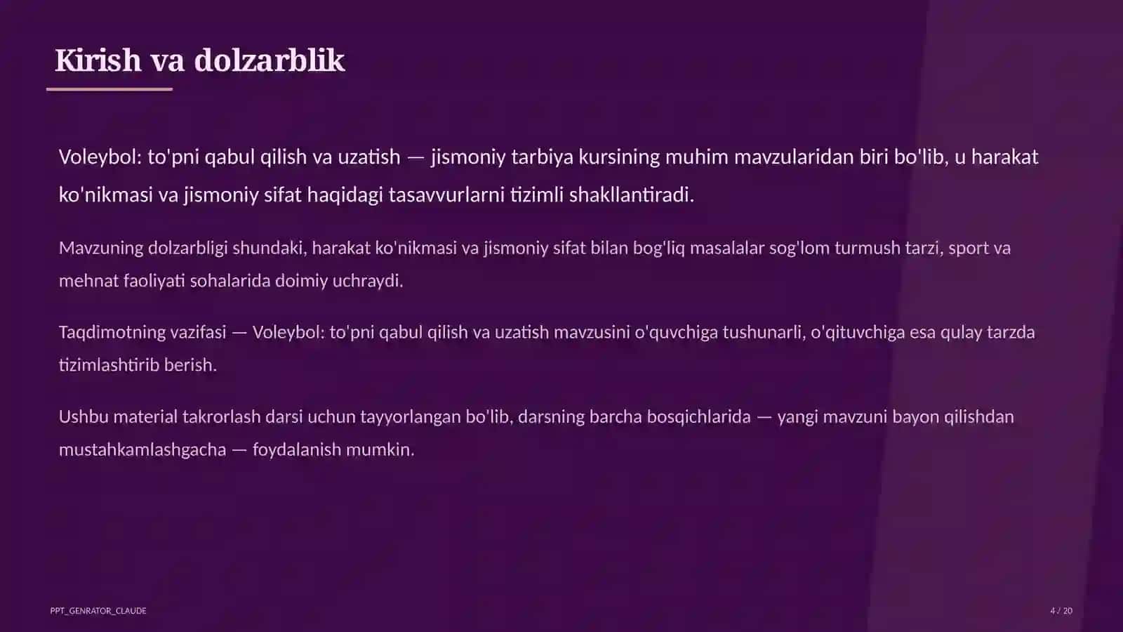 Voleybol: to'pni qabul qilish va uzatish (5-sinf) 4