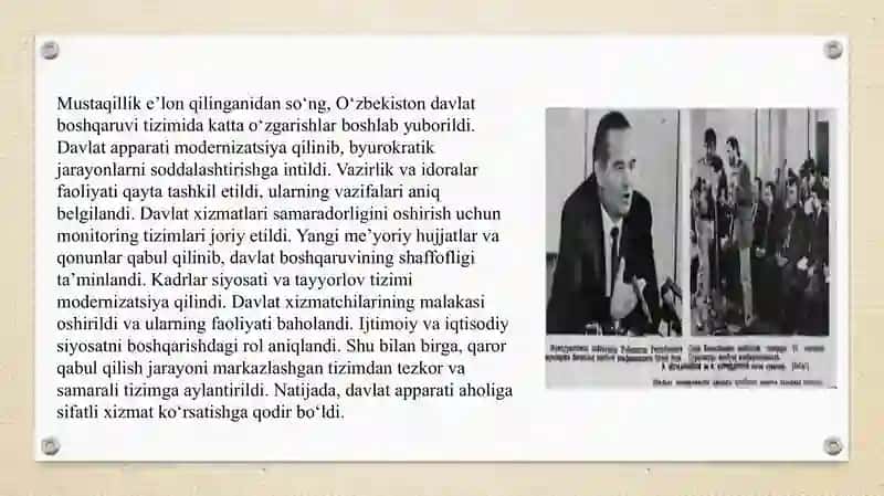 Mustaqillik yillarida davlat boshqaruvi tizimida amalga oshirilgan islohotlar SLAYD 4