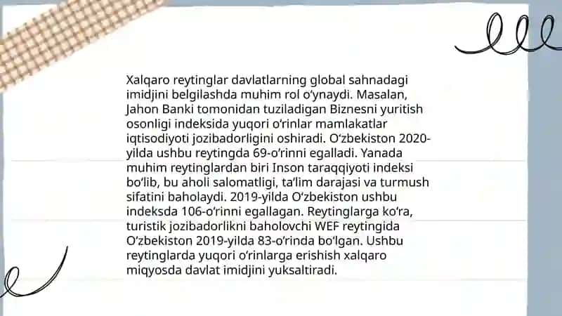 Oʻzbekistonni xalqaro reytinglardagi koʻrsatkichini koʻtarishning tarixiy va siyosiy ahamiyati 4