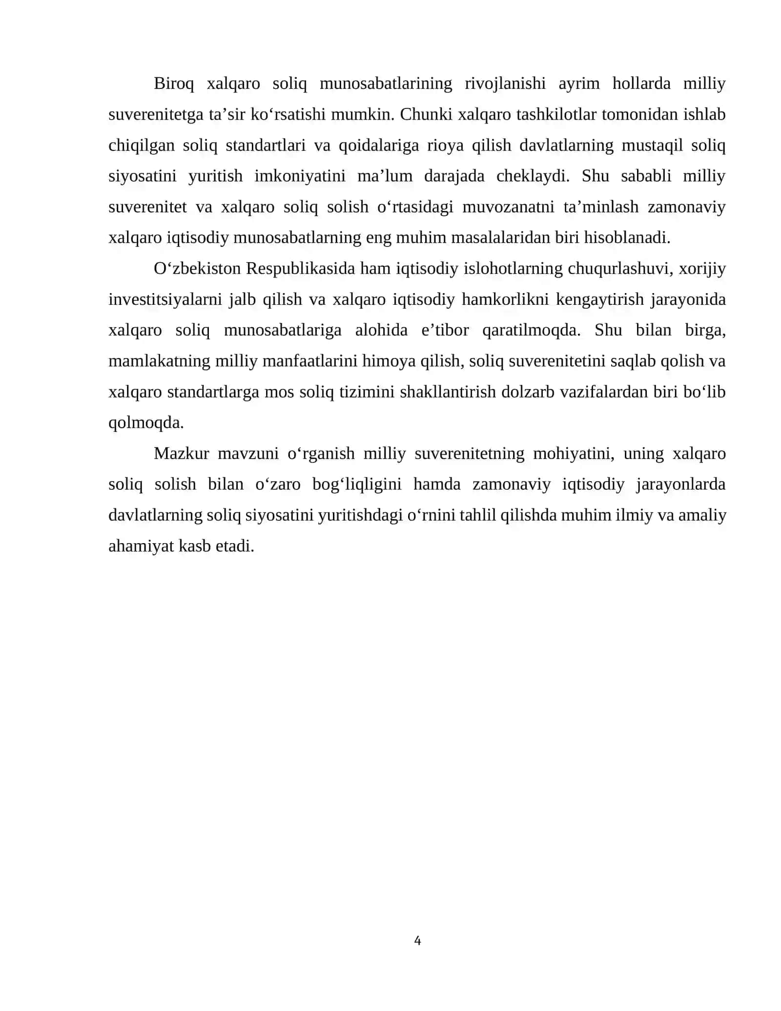 Milliy suverenitet tushunchasi va uning xalqaro soliq solish tushunchasi bilan bog‘liqlik darajasi 4