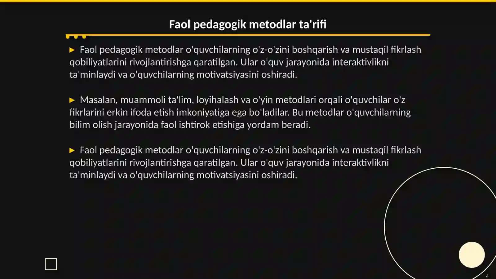 Yangi pedagogik texnologiyalar va faol pedagogik metodlar asosida dars ishlanmalari 4