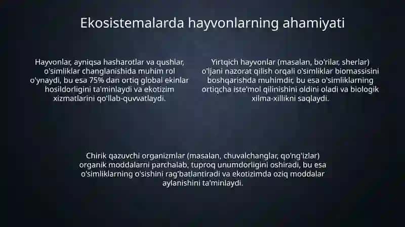 Hayvonlarning ekologik rollari va muhafaza qilish muammolari. Zoogeografiya asoslari 4