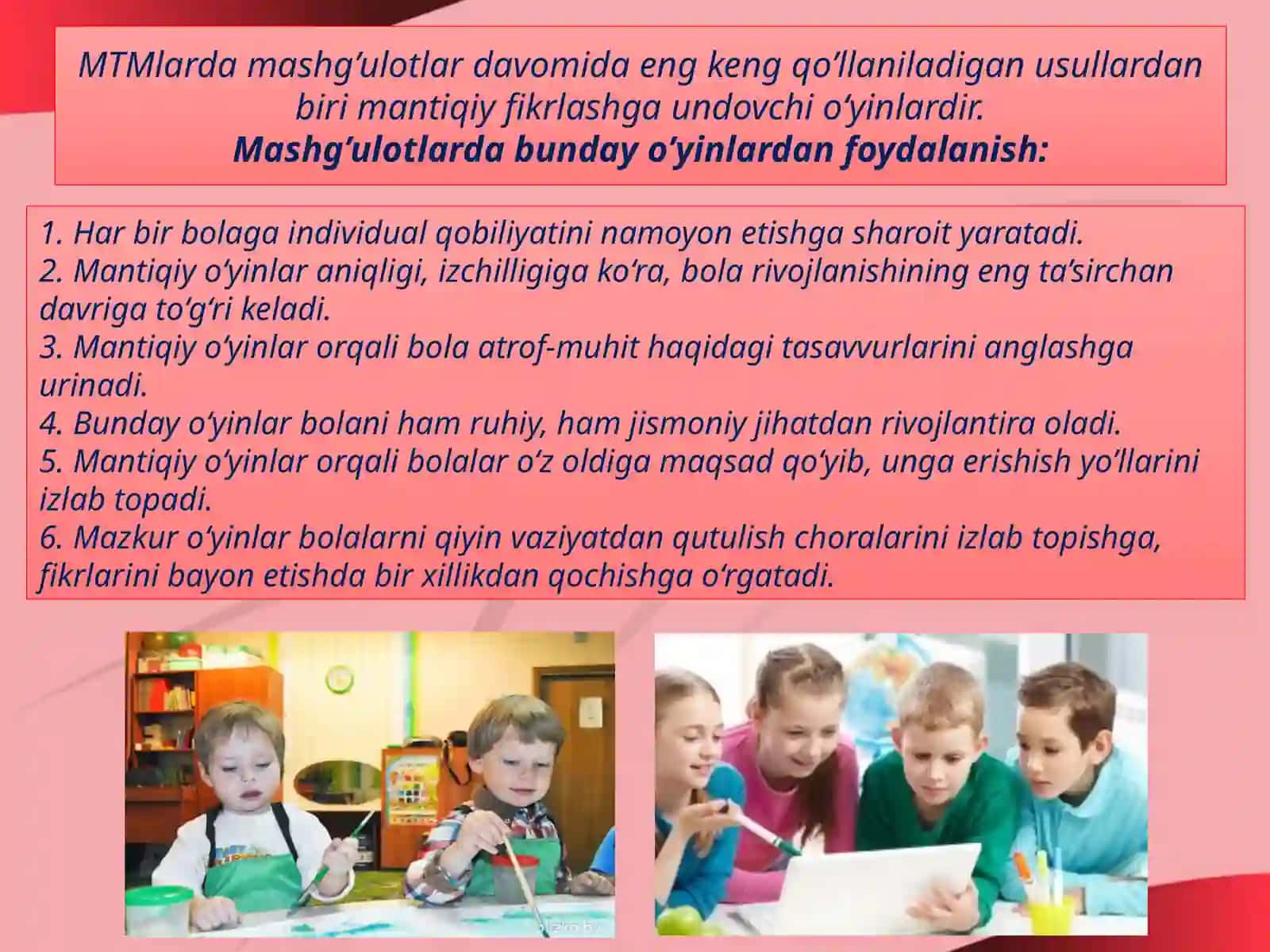 Maktabgacha ta’lim muassasalarida maktabgacha yoshdagi bolalarning har tomonlamarivojlanishinita’minlashgaqaratilganpedagogikjarayonmurakkab,shubilanbirgarang-barangdir.Ta’lim-tarbiyasamaradorligigaerishishdamaktabgachata’limmuassasalaridagiharbirfaoliyatturinito’g’ritashkiletishlozim 4