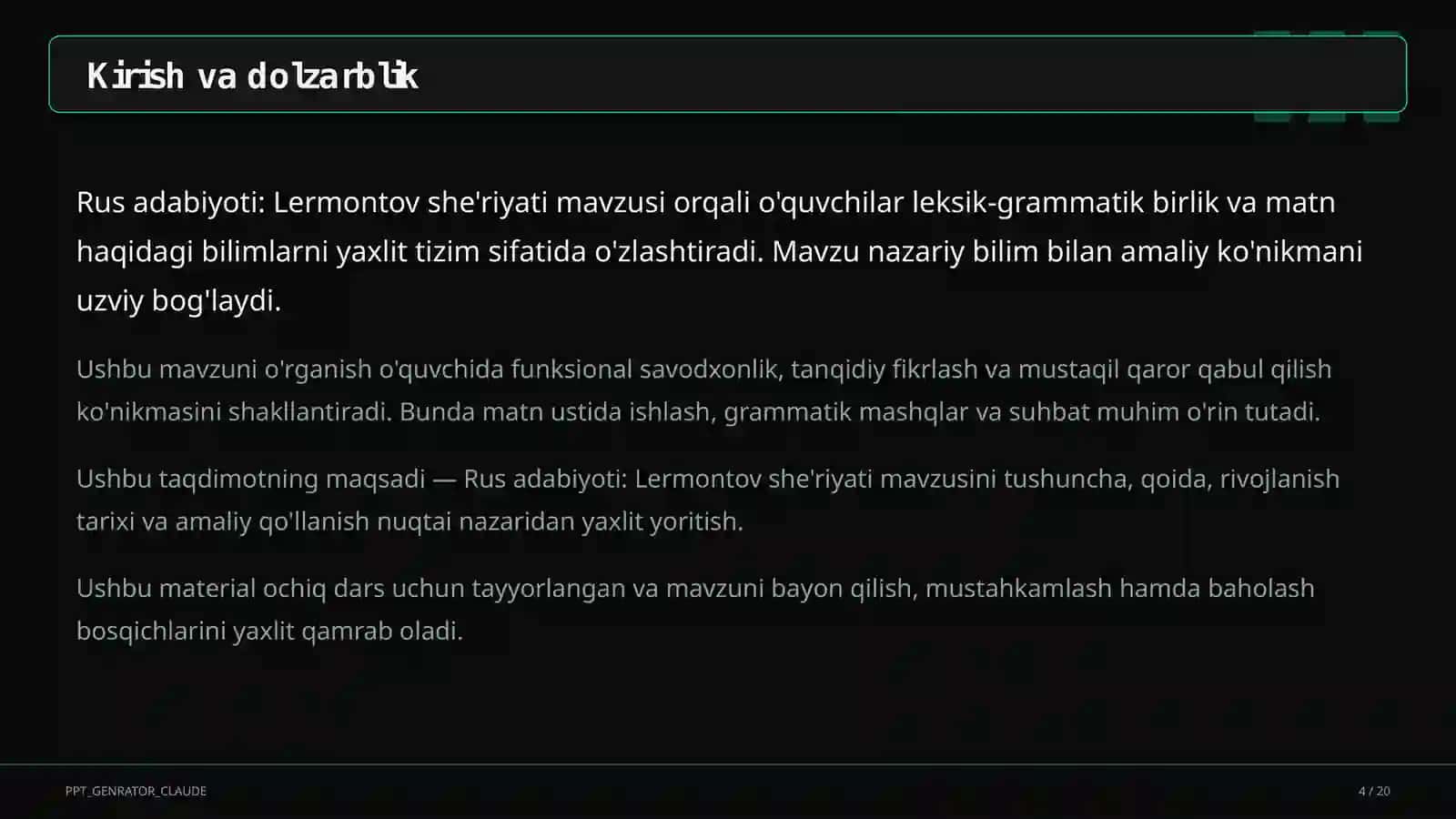 Rus adabiyoti: Lermontov she'riyati (9-sinf) 4